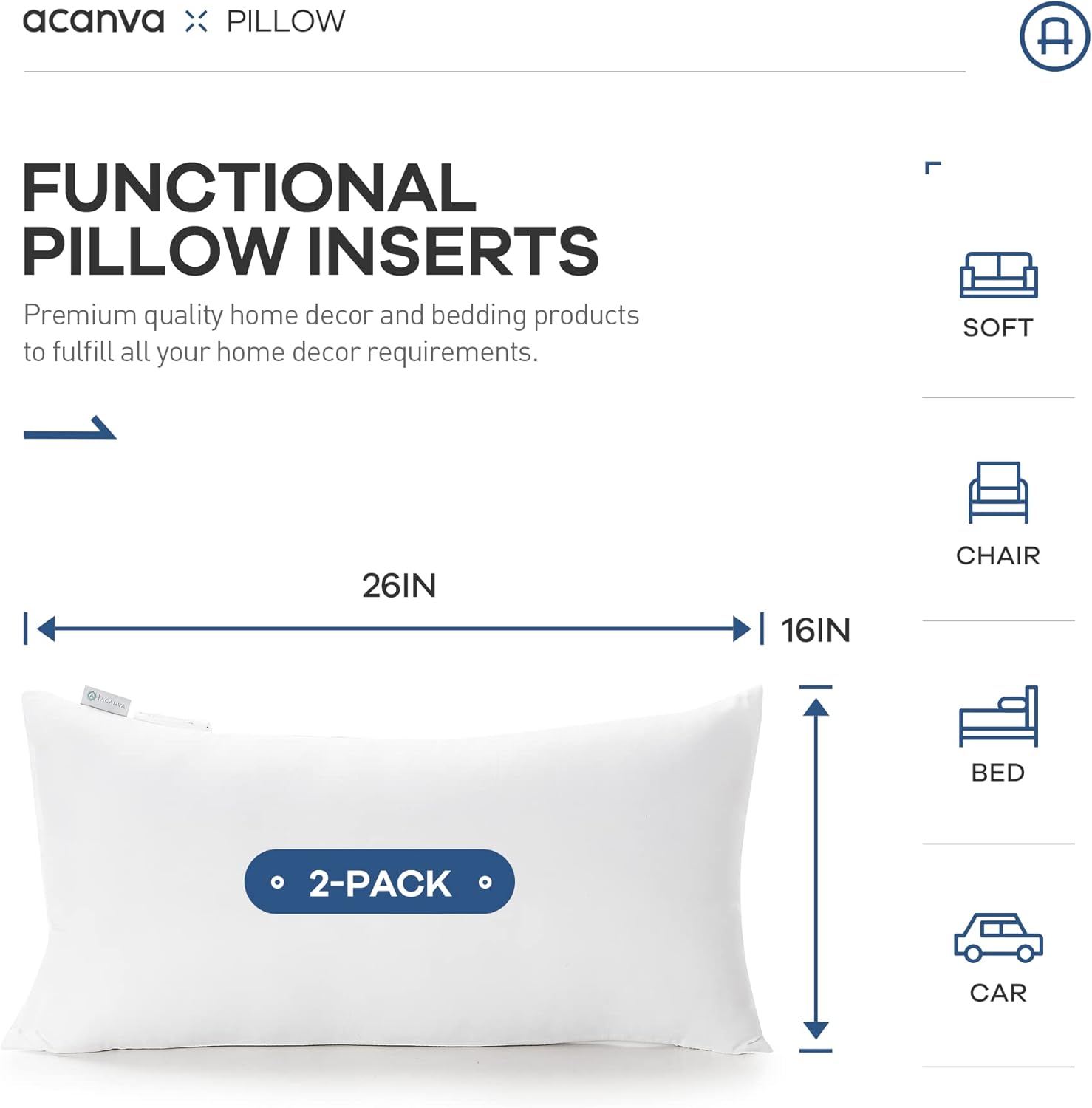Acanva Premium Throw Pillow Inserts with Microfiber Filled, Lumbar Support Decorative Stuffer for Sofa Bed Couch & Chairs, 16x26, 2 Count, White