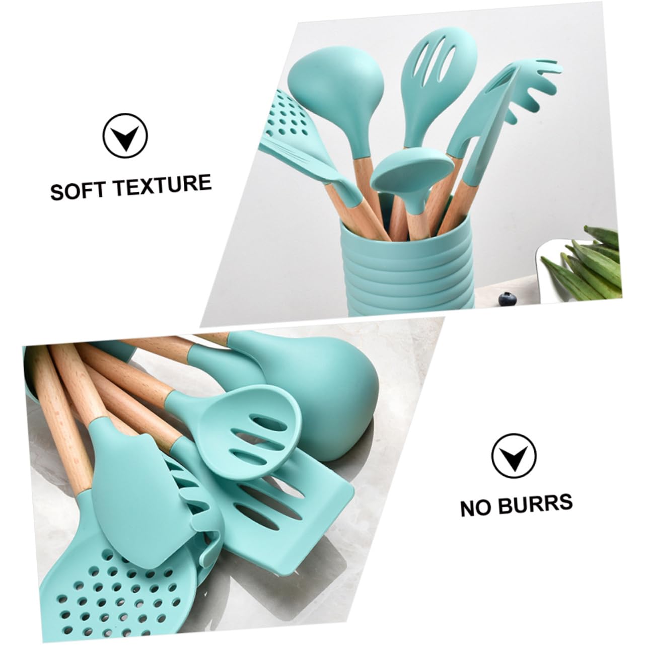 VALICLUD Ustensiles de Cuisine avec Boîte de Rangement Incluse Poignées Bois Confortables et Antiadhésifs