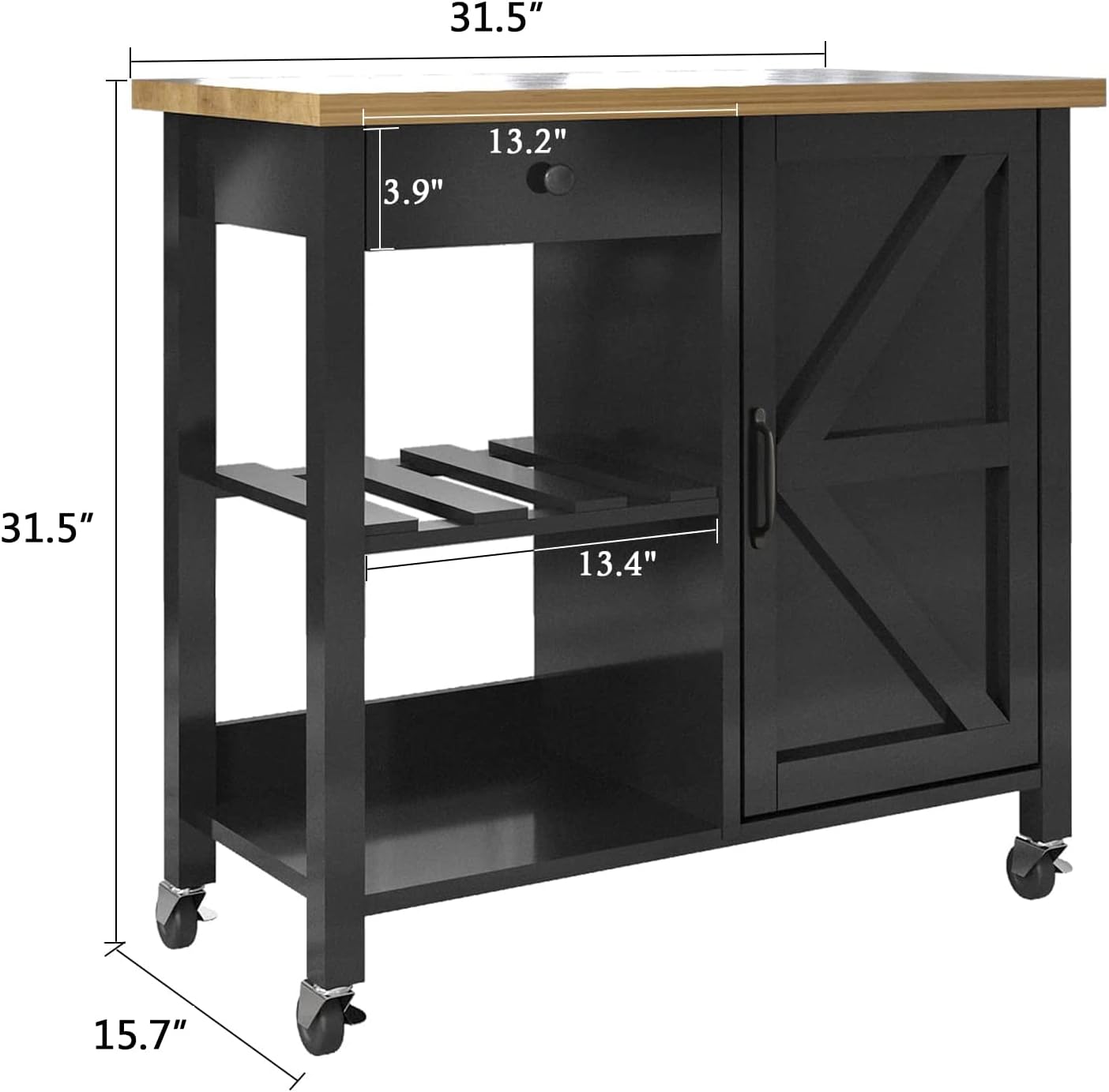 4 EVER WINNER Kitchen Cart with Storage on Wheels Small, Rolling Kitchen Island Cart on Wheels with Barn Doors, Wooden Countertop, Storage Drawer, Adjustable Shelf, Lockable Wheels, Black