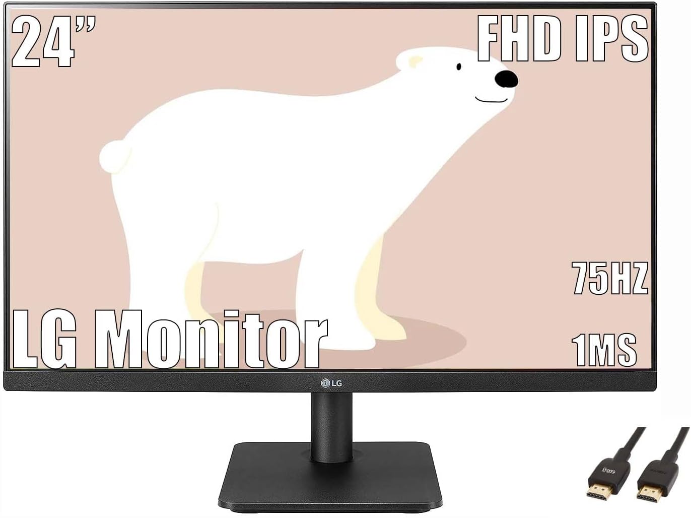 LG 24 inch FHD (1920 x 1080) IPS Monitor, HDMI, D-Sub, 5ms, 75Hz, AMD FreeSync Premium, 3-Side Virtually Borderless Design, Black, with 5ave HDMI Cable