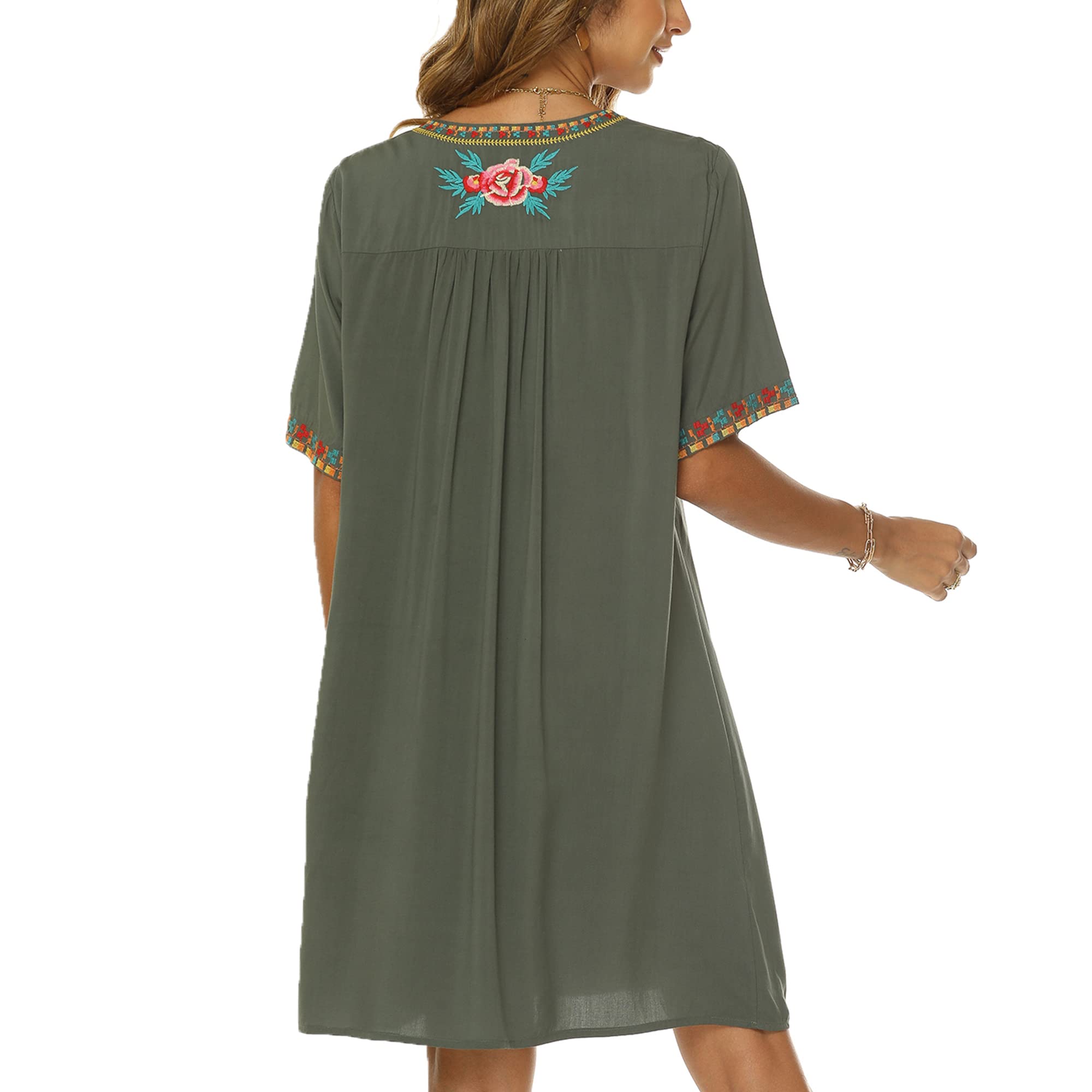 Mujer Verano Boho Mexicano Vestido Campesino Manga Corta Bordado Floral Vestidos Flowy Túnica Suelta Hippie Bohemia