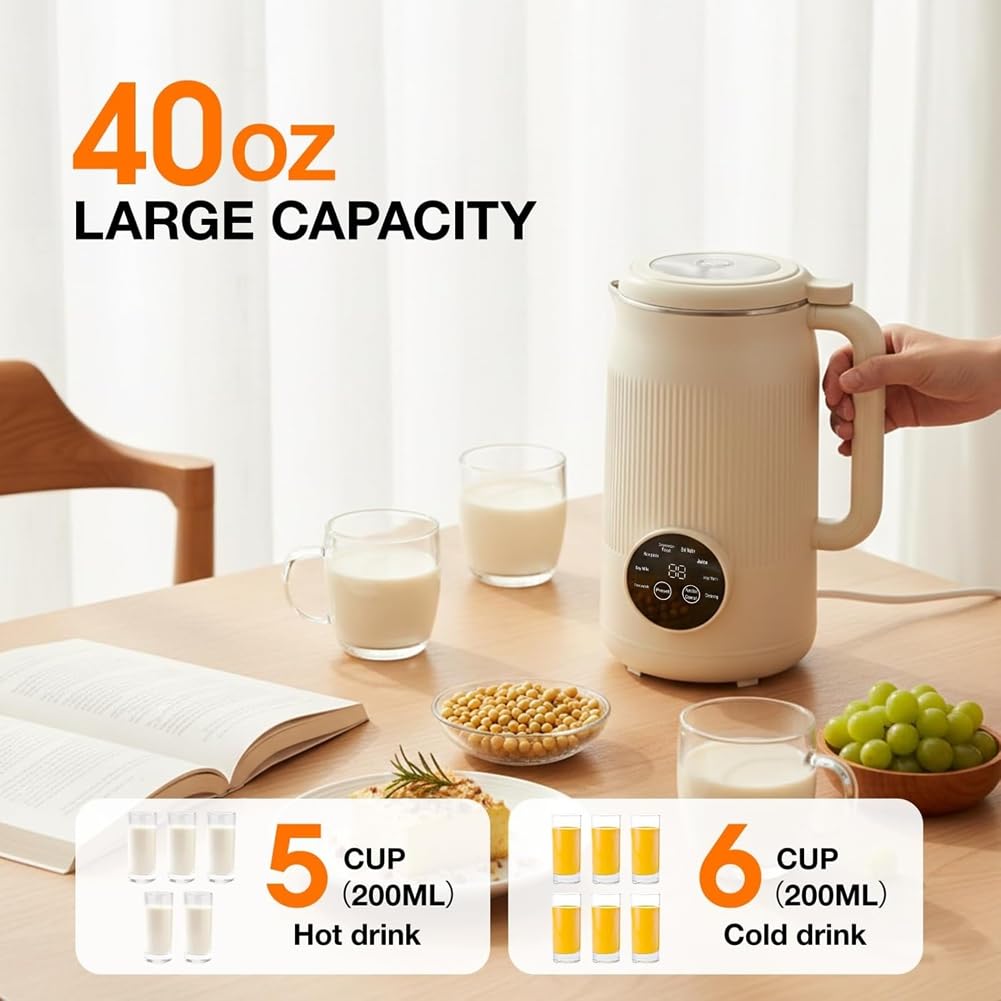 Selbstreinigende 40 Oz Nussmilchmaschine, Verzögerter, Warmhaltefunktion - Sojamilchproduktion Inklusive, für Saft & Smoothie, Europastecker EU Plug