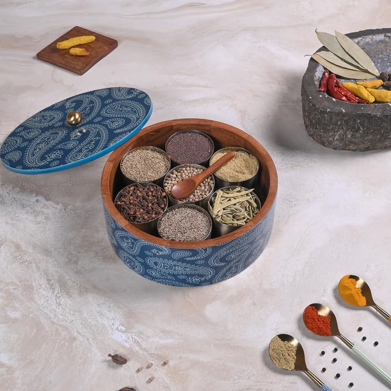Image of Wooden Masala Box for Kitchen - 7 Stainless Steel Jars with Wooden Spoon | Stainless Steel Brass Lid with Knob | Multipurpose Dry Fruit & Spice Storage - Blue (Printed)