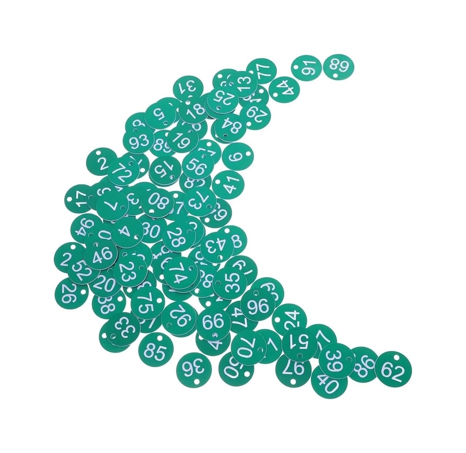 Okrągłe plastikowe identyfikatory z numerami, Plastikowe zawieszki z numerami, zielone, średnica 3,5 cm, dziurka 4 mm, opakowanie 100 sztuk