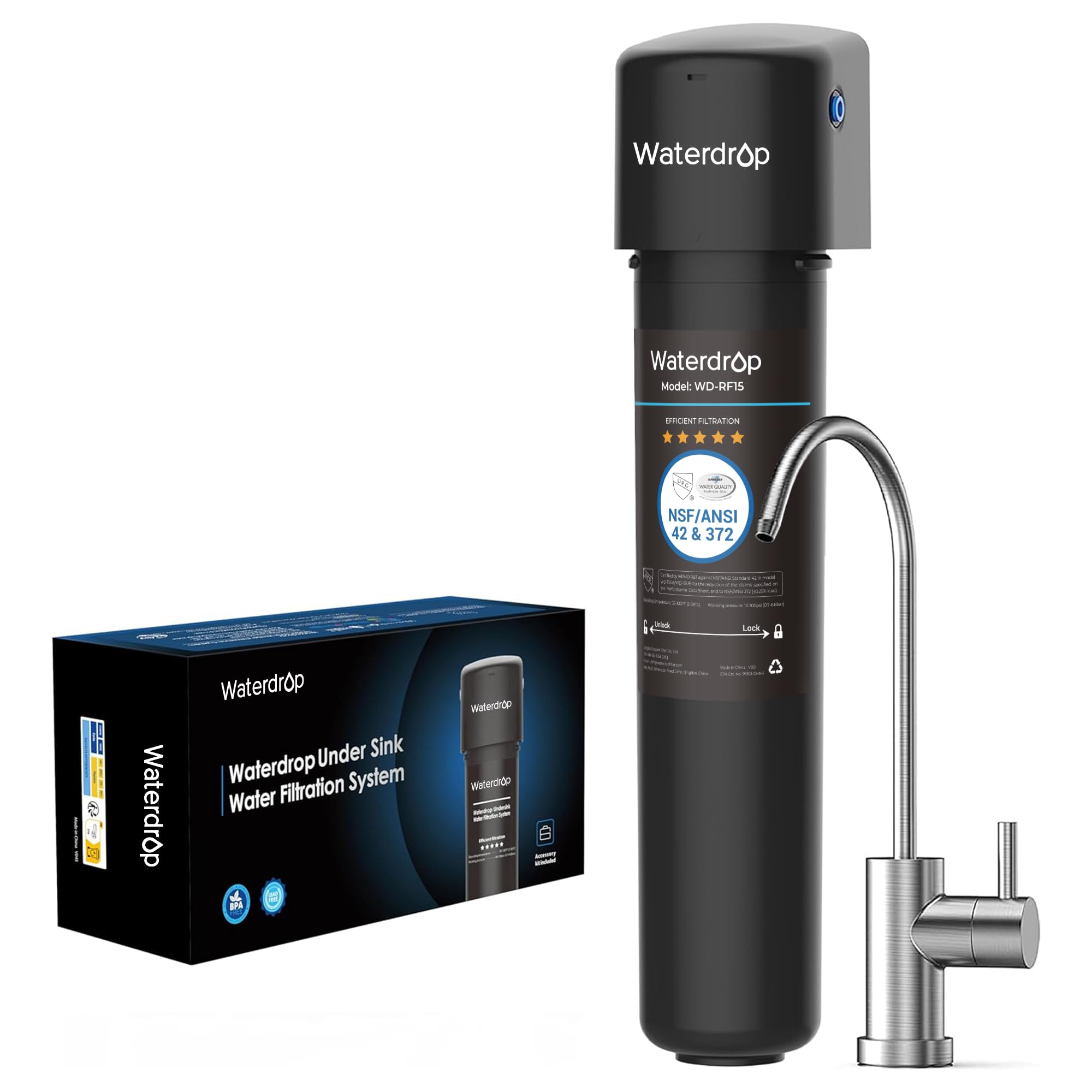 Waterdrop15UB Under Sink Water Filter System, 72K Liters High Capacity Drinking Water Filtration System, with Dedicated Brushed Nickel Faucet, Reduce PFAS, PFOA/PFOS, Lead, Chlorine, Bad Taste