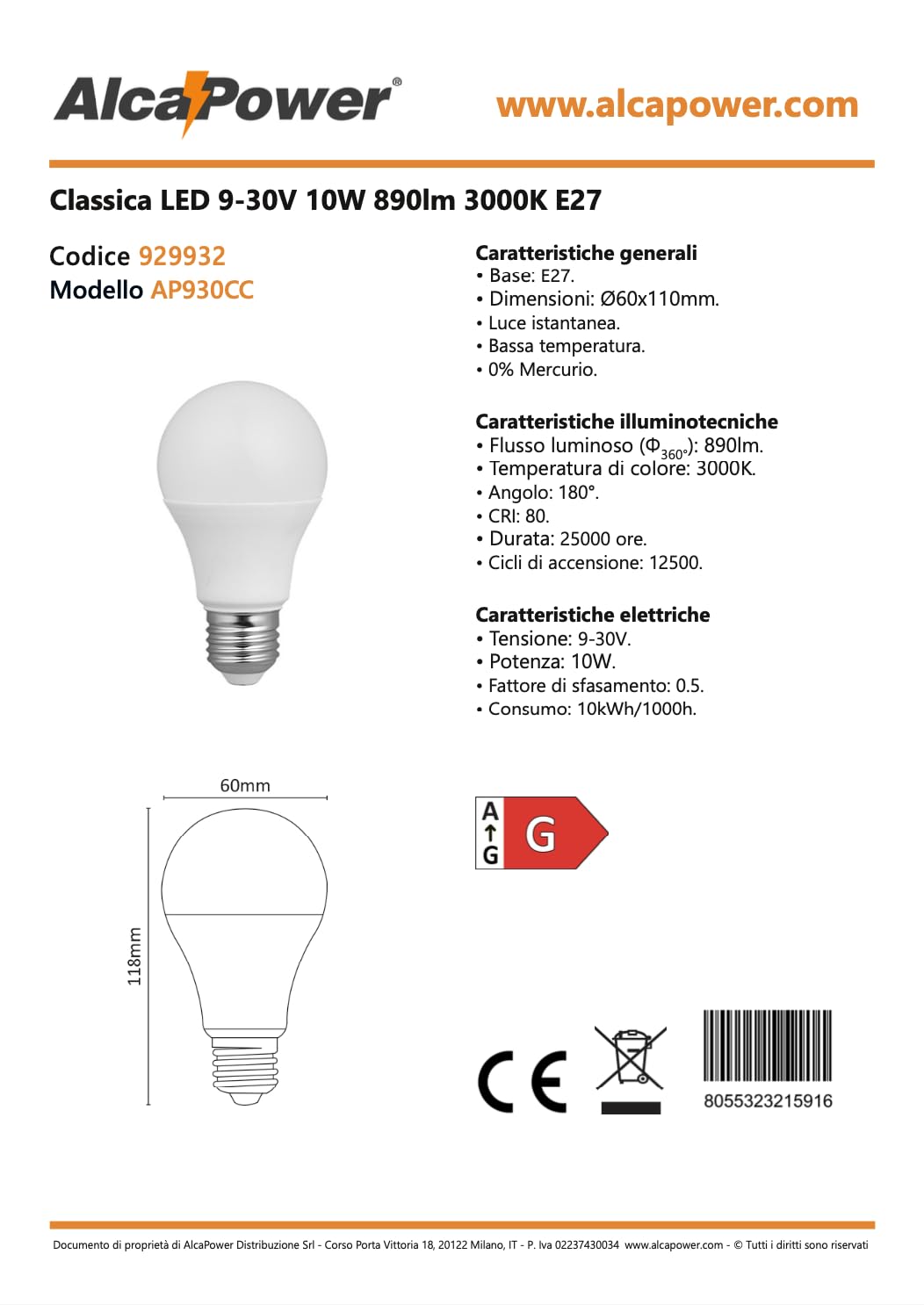 Ampoule LED Goutte 9-10W - Lumière Chaude 3000K - 800 Lumens - Culot E27 - 12V/24V