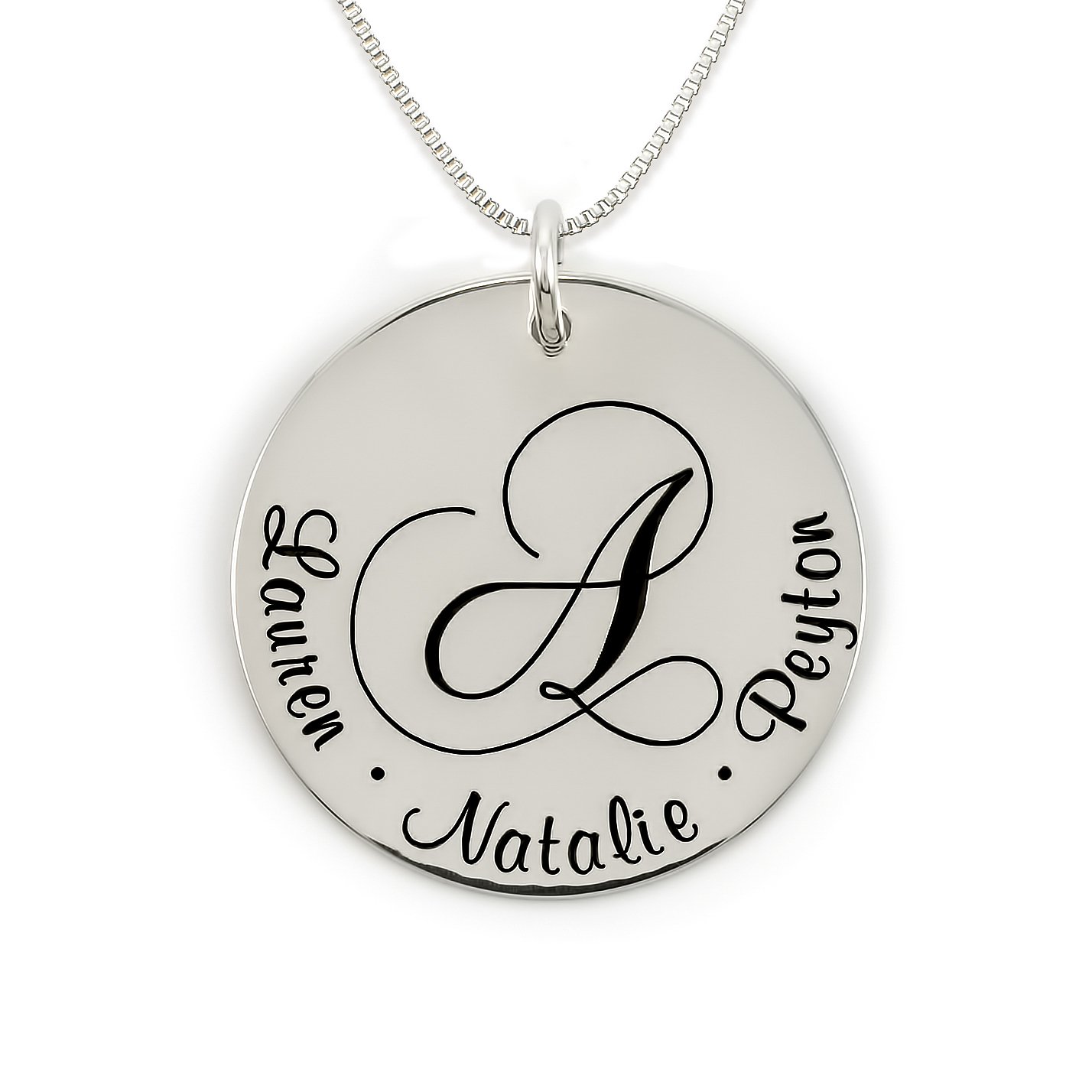 AJ's CollectionSterling Silver Script Initial and Name Pendant Necklace. Customize the Monogram in the Center and Names surrounding it. Choice of Chains. Trendy and Unique Gifts for Her, Mom, Wife, Girlfriend