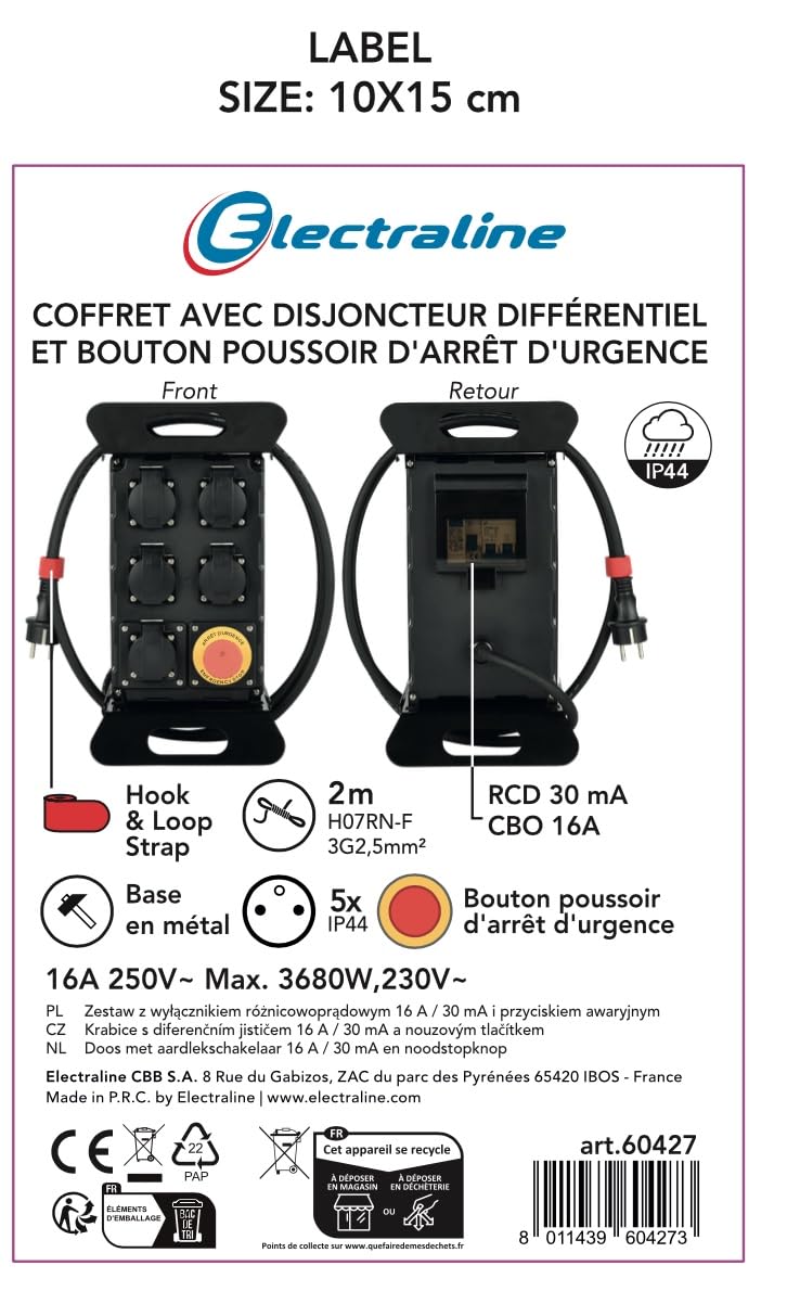 Electraline 60427 Coffret de Chantier 16A, 5 Prises Françaises IP44 16A, avec Disjoncteur Différentiel 30mA et Bouton Poussoir d'arrêt, Cable H07RN-F 3G2.5mm Longueur 2M