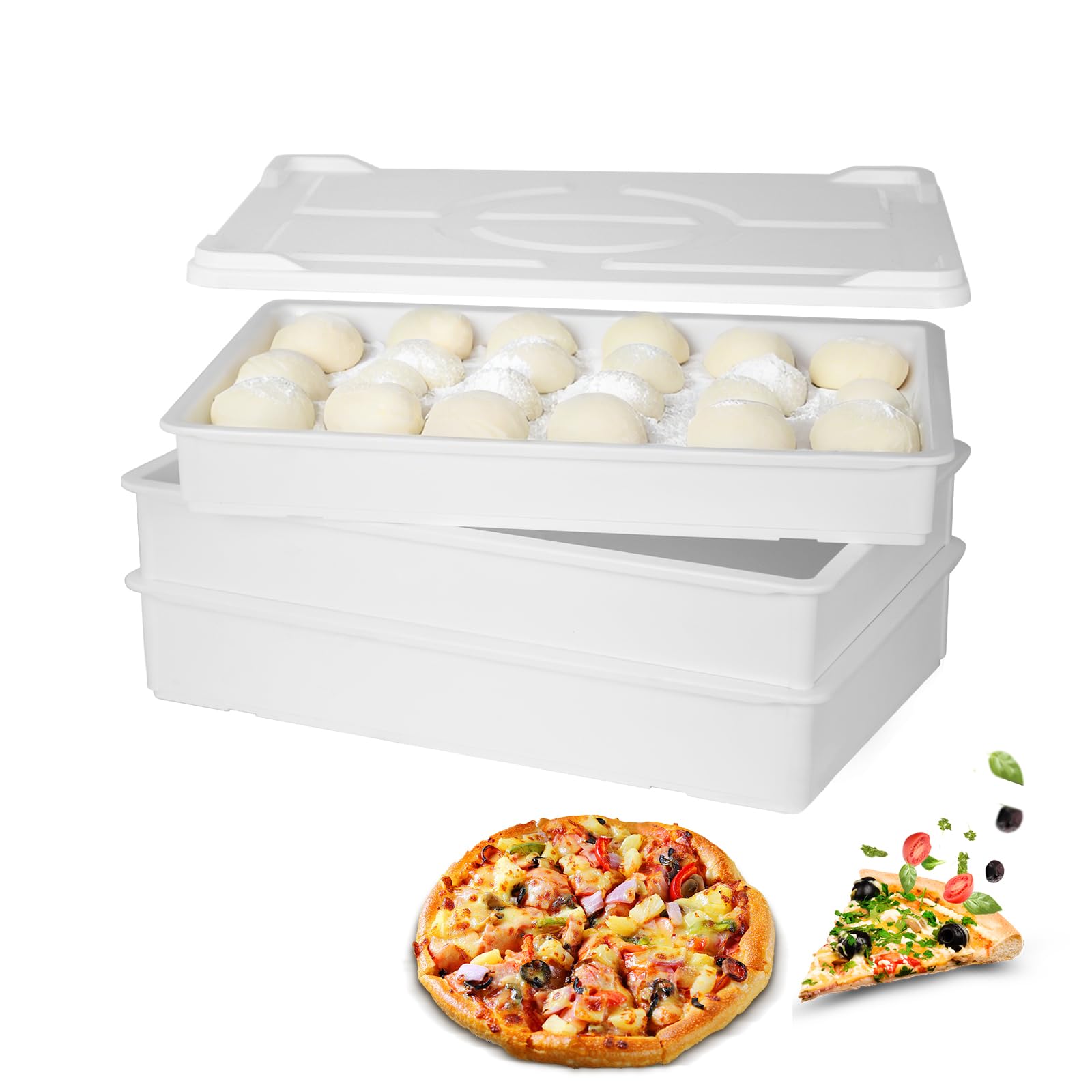 EASYROSE 3 Packs Pizza Dough Proofing Box Stackable 60 x 40x 9.5cm Pizza Dough Box with Lid, Plastic Proofing Tray, Dishwasher Safe (3 Boxes + 1 Lid) — image 1