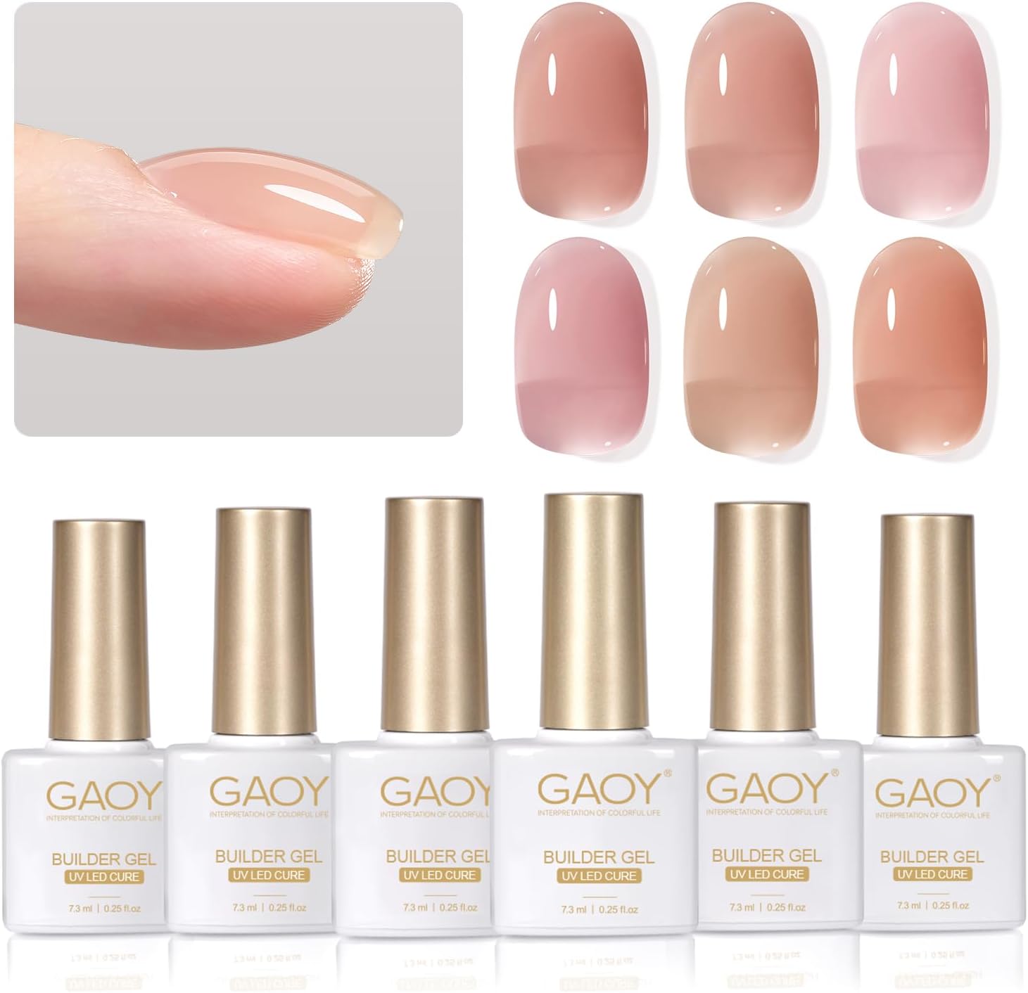 GAOY 6 Colors Builder Gel Set for Nails, Milky White Pink Nude Sheer Jelly Nail Strengthener, Soak Off Nail Extension Hard Gel, Rose Jelly, Base Coat Top Coat Needed