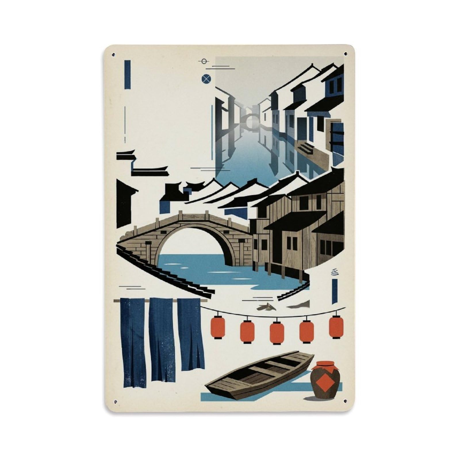 Okngb Style Wuzhen Cityscape Vintage Chinese Local Culture Mosaic Metal Tin Sign Plaque Wall Decor For Cafe, Man Cave, Club Bar, Office, Home Garden Round Metal Poster 8X12inch