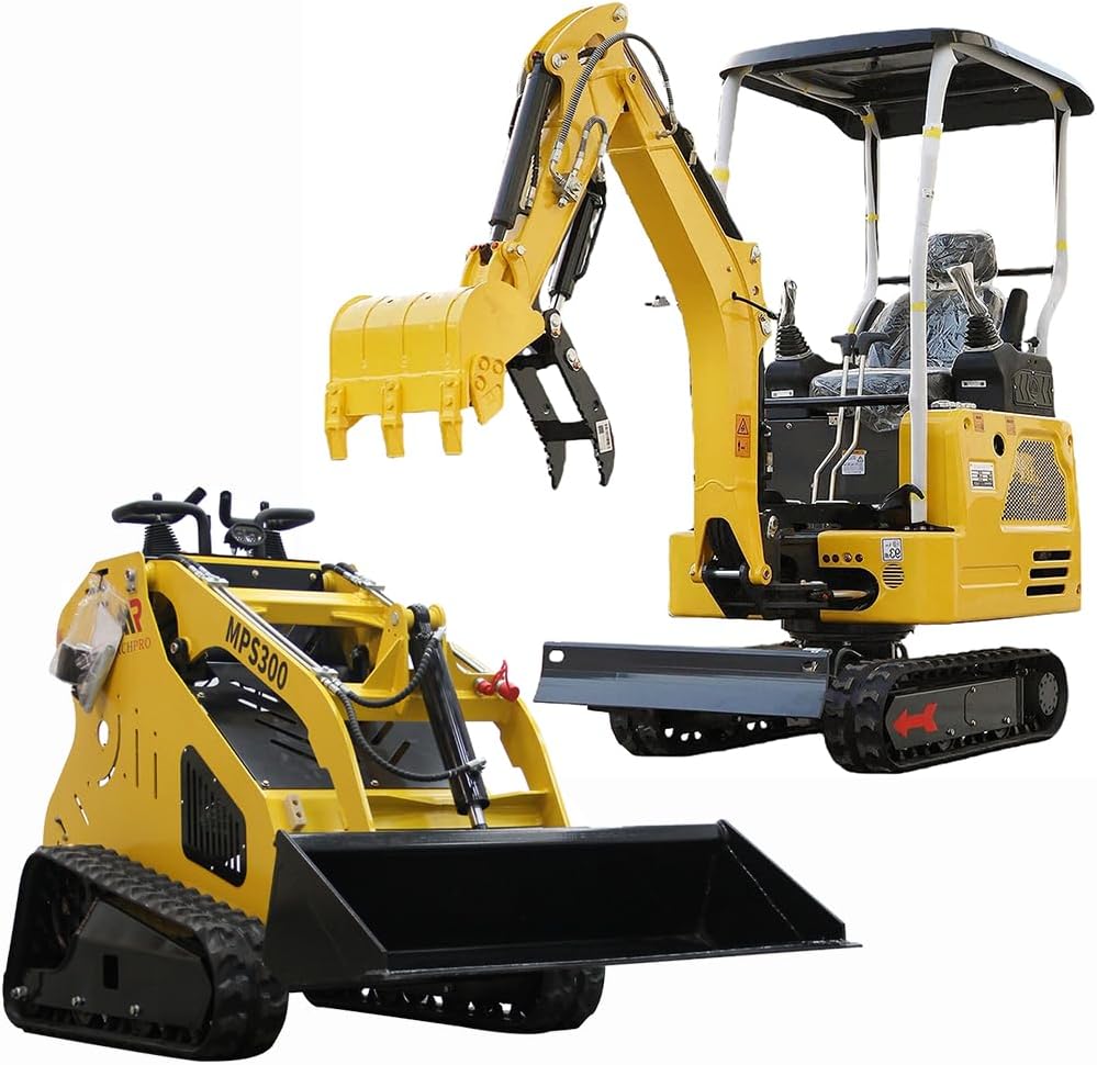 1.8Ton Mini Excavator and 13.5HP Standing-on Mini Skid Steer Combo,Crawler Trenching Bucket EPA Gasoline Engine - Perfect for Construction and Farm Use (YELLOW)