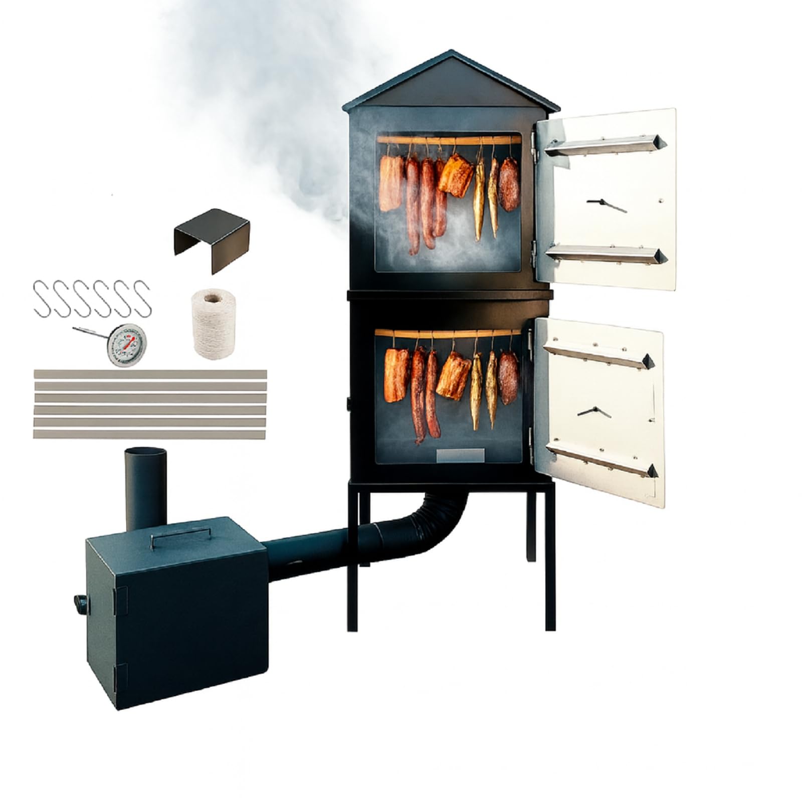 QLS Räucherkammer Stahl Räucherofen Räucherschrank Zwei Kammer – 50x50x120 cm