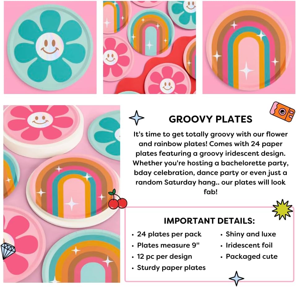 xo, Fetti Rainbow Flower Groovy Paper Plates - 24 pk, 9" | Bachelorette Party Decorations, Smiley Pastel Birthday Supplies, 70s Baby Shower Favors, HBD, Fun Retro Tableware