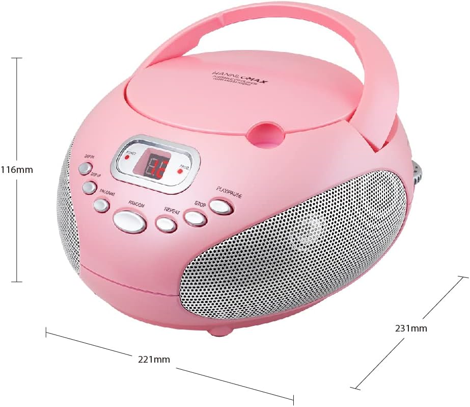 HANNLOMAX HX-319CD Portable CD Boombox, AM/FM Radio, LED Display, Aux-in Jack, AC/DC Dual Power Source. (Pink)