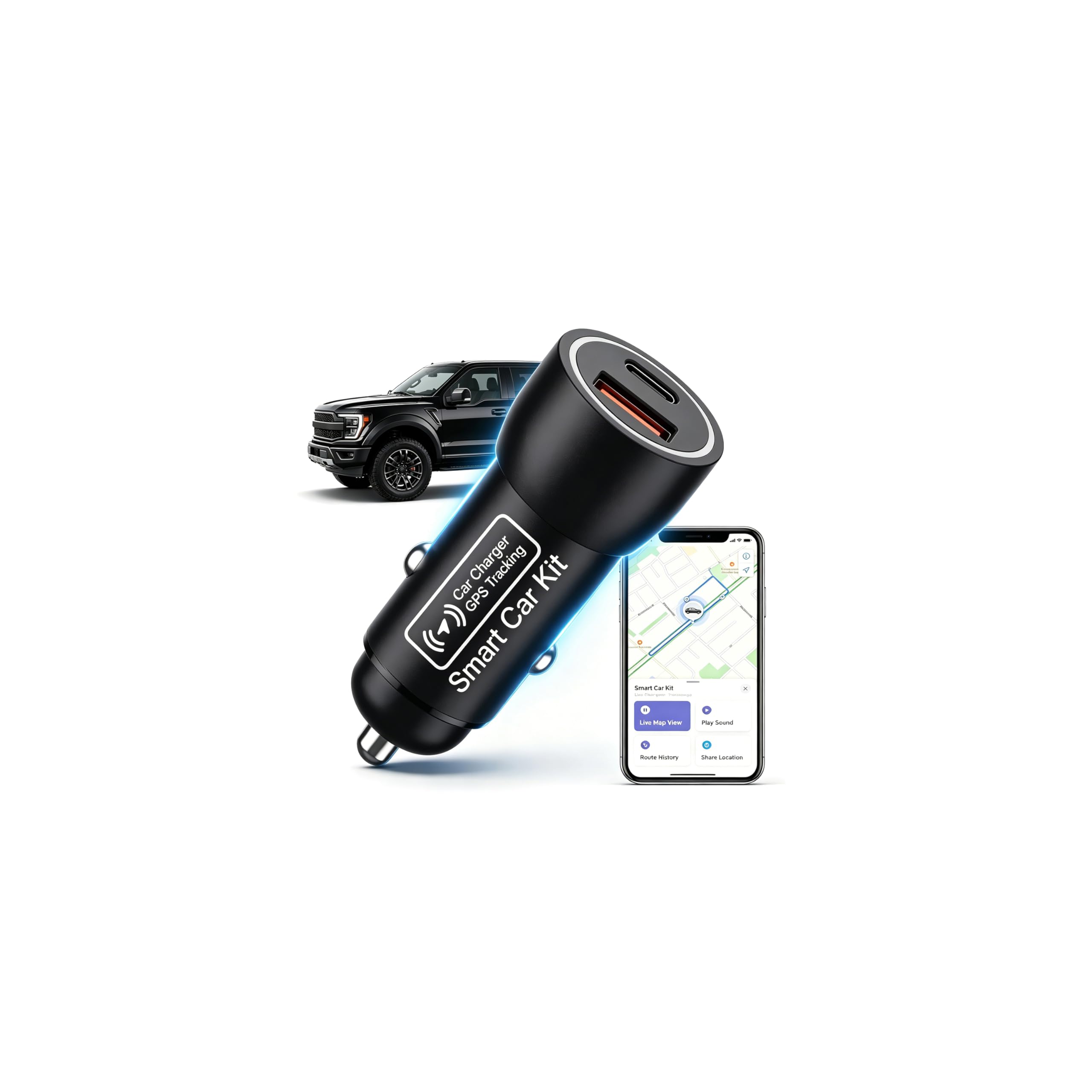 Tracker GPS e caricabatterie per auto, localizzatore GPS per veicoli, localizzatore GPS per antifurto nascosto e posizione di parcheggio in tempo reale, senza canone mensile, nessuna scheda SIM, solo