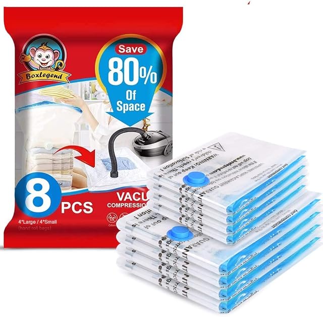 BoxLegend Vacuum Storage Bags 8 Bags - 4*Large +4*Small Double Zip Seal Reusable Storage Bags for Duvets, Bedding, Pillows, Clothes, Quilts, Sweater, Comforters, Suitcases