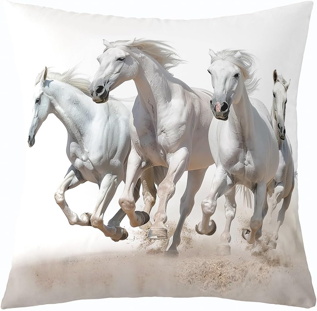 Feelyou White Horse Throw Pillow Covers 24"x24" Set of 2 Soft Galloping Horse Pillow Cases Cushion Covers for Living Room Bedroom Cute Animal Decor Decorative Throw Pillowcases for Sofa Couch Chair