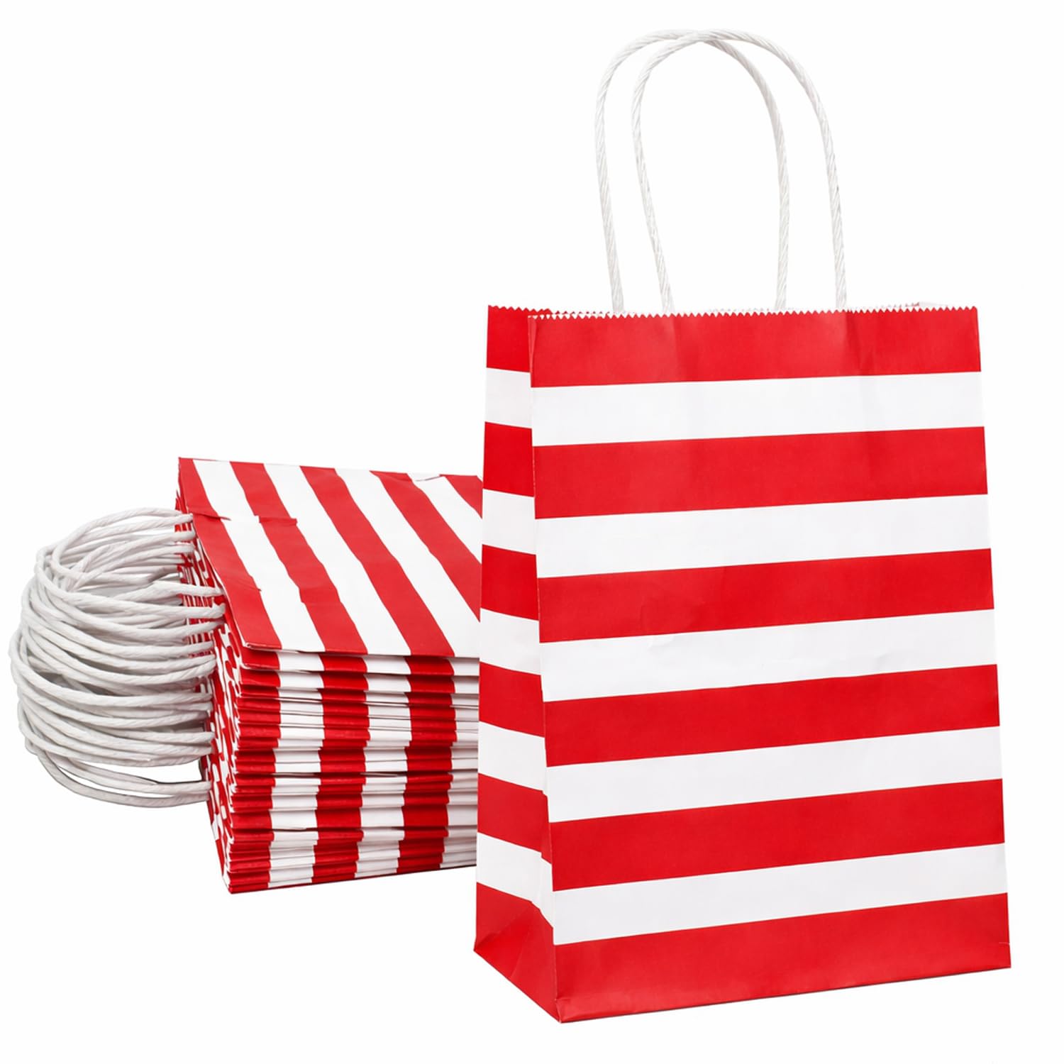 Aakriti Paper Gift Bags | Return Gift & Shopping Bags with Handles | Ideal for Party Favors, Retail Packaging | Red White Striped Design (Red And White 10 pcs, Size 7 x 4 x 9.5 Inches (L x W x H) Small