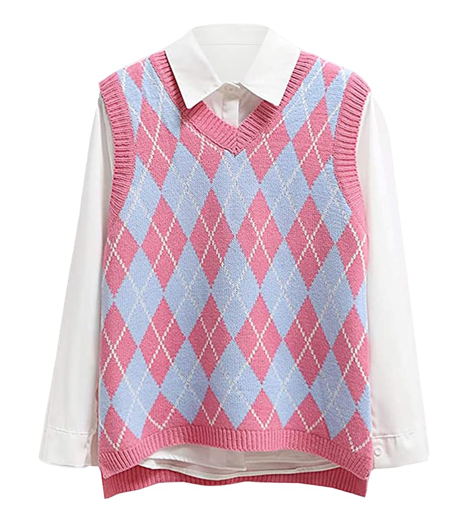 Lailezouwomens V Neck Knit Sweater Vest Argyle Plaid Preppy Style