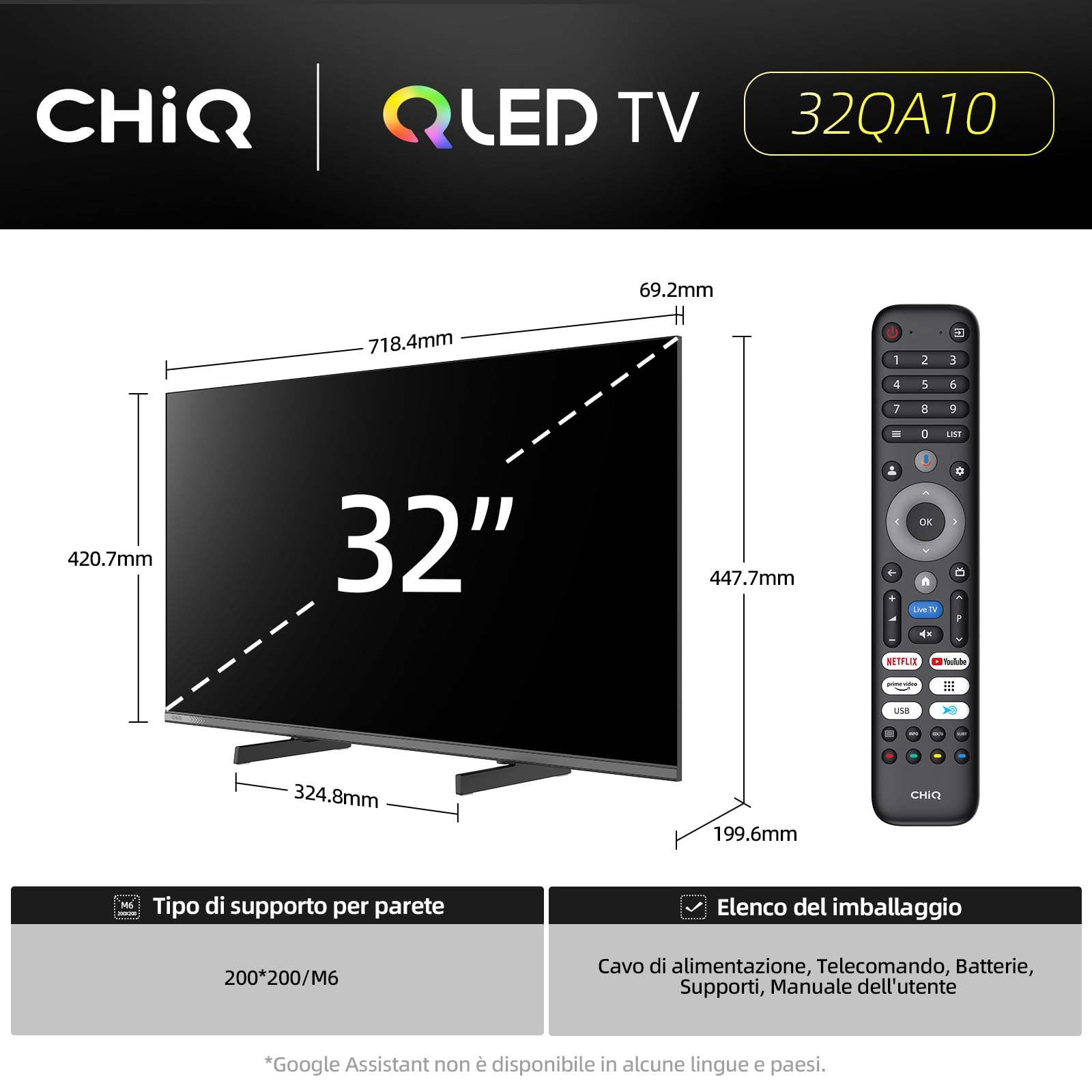 CHiQ 32QA10 QLED 32 Pollici Full HD HDR10 | Audio Dolby | Chromecast Integrato Triplo Tuner (DVB-C/T/T2/S/S2) | Nuovo Modello 2025
