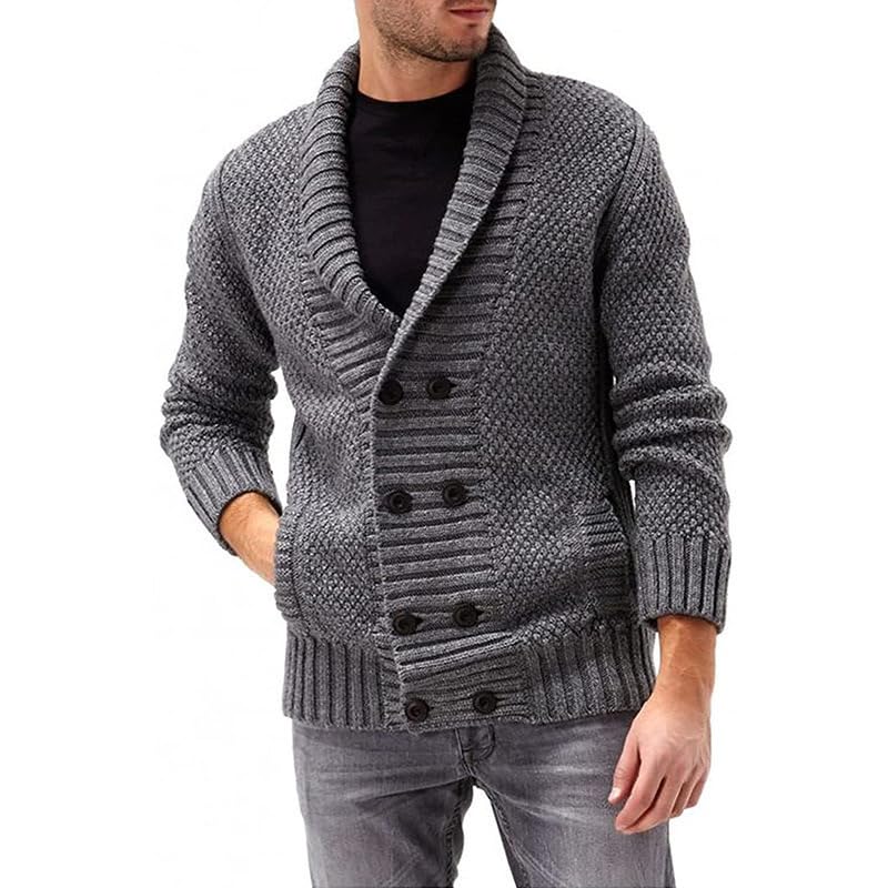 Men's Double-Breasted Lapel Cardigan Sweater with Long Sleeves for Autumn and Winter | Gray | L-image-17