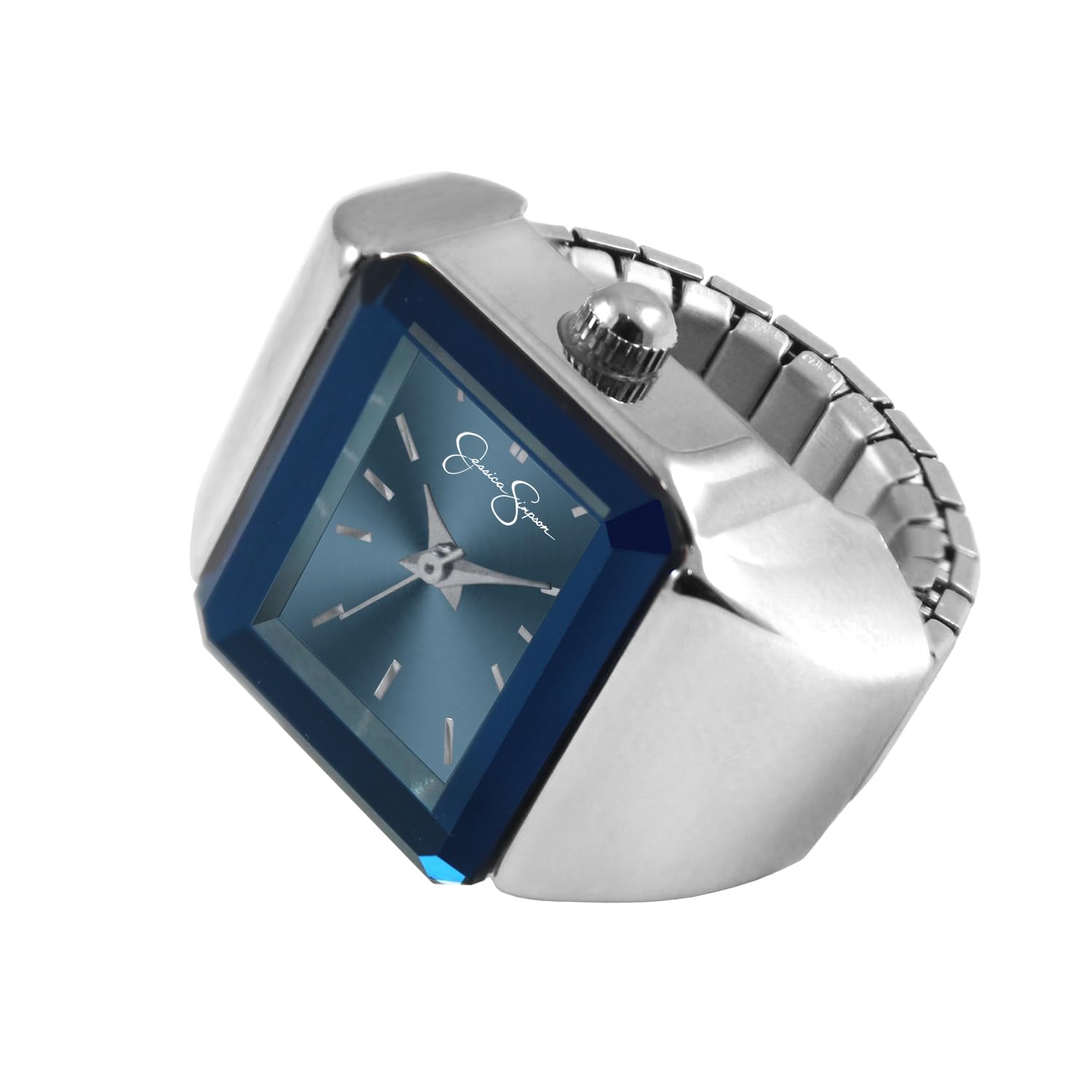 Jessica Simpson Damen-Armbanduhr, rechteckiges Sonnenstrahl-Zifferblatt, Kristall-Akzente, Stretch-Erweiterungsband, Quarz, analog, Modeaccessoire, silber/blue, Modern