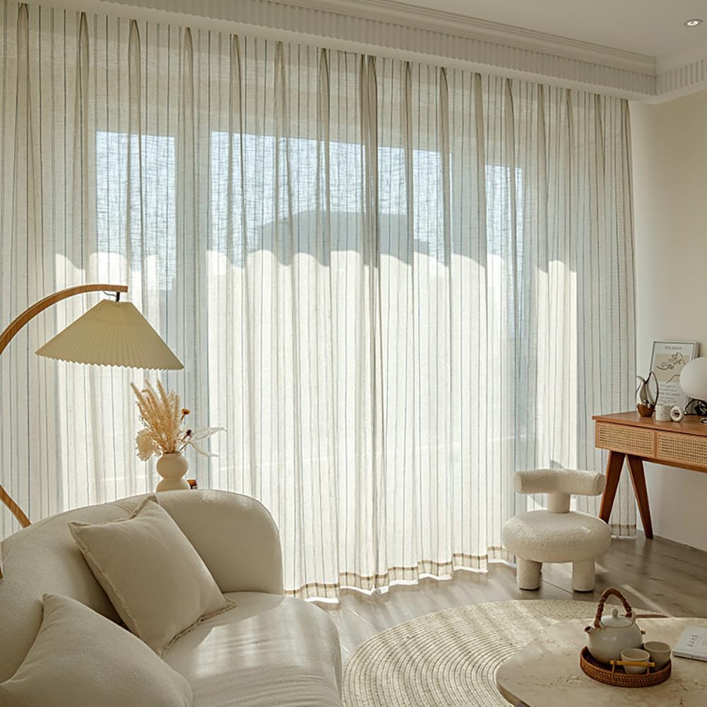 vctops Farmhouse Window Curtain Blue Striped Linen Blend Semi Sheer Window Curtain Panels Light Filtering Grommet Window Treatment Curtain for Bedroom Living Room, 1 Panel (52" X 84")