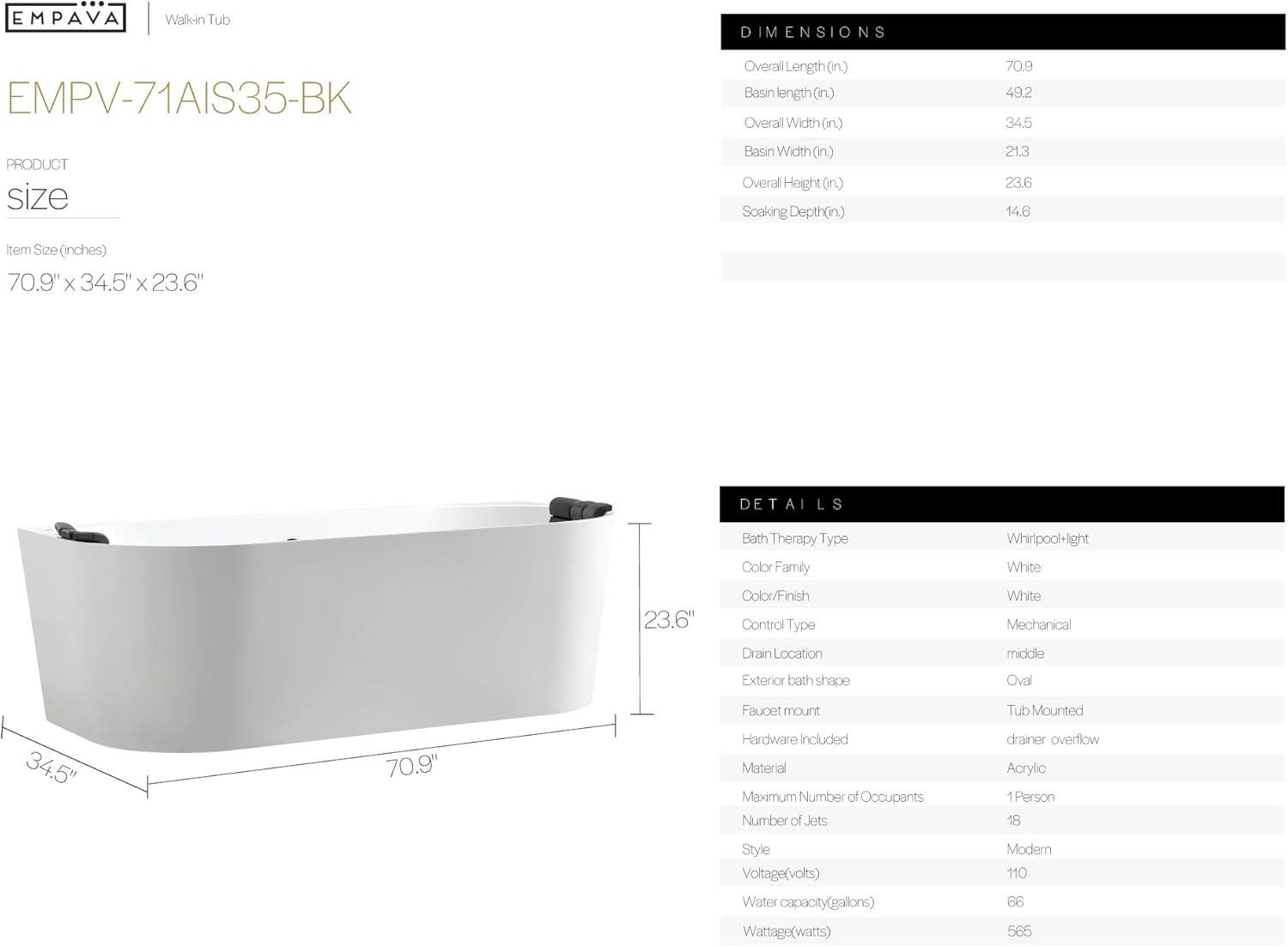 Empava bathtub dimensions diagram