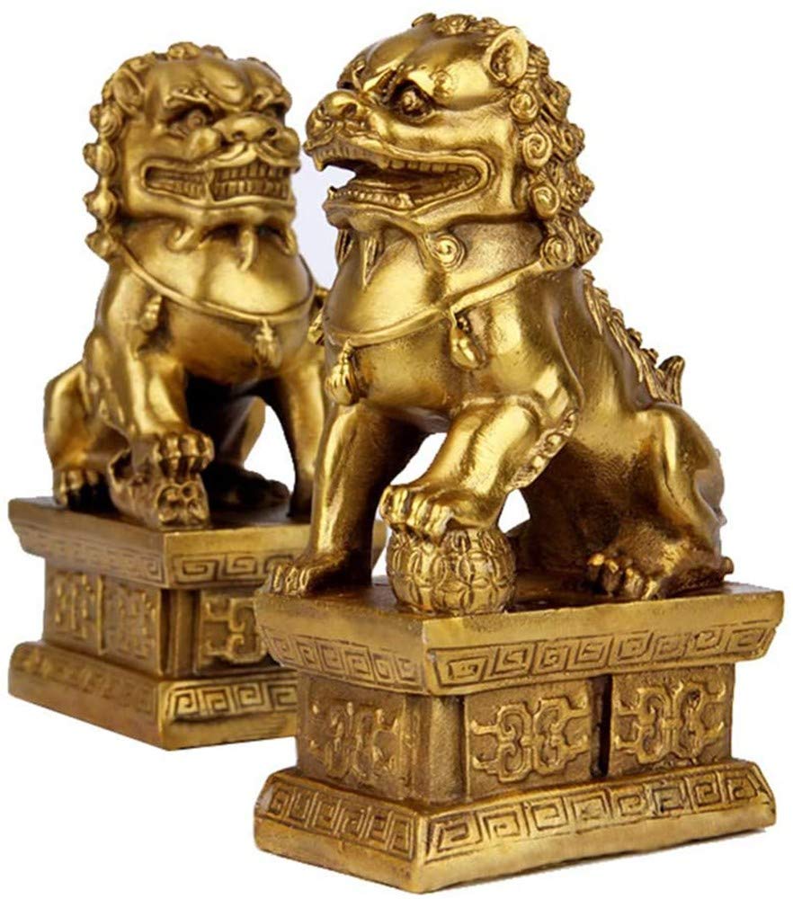 Feng Shui Statua in ottone Leone Ricchezza Porsperità Ornamento Coppia di fu Foo Cani Guardiano Scultura, Leone Posizionamento per interni Decor Figurina Migliore Congratulazioni per l'inaugurazione