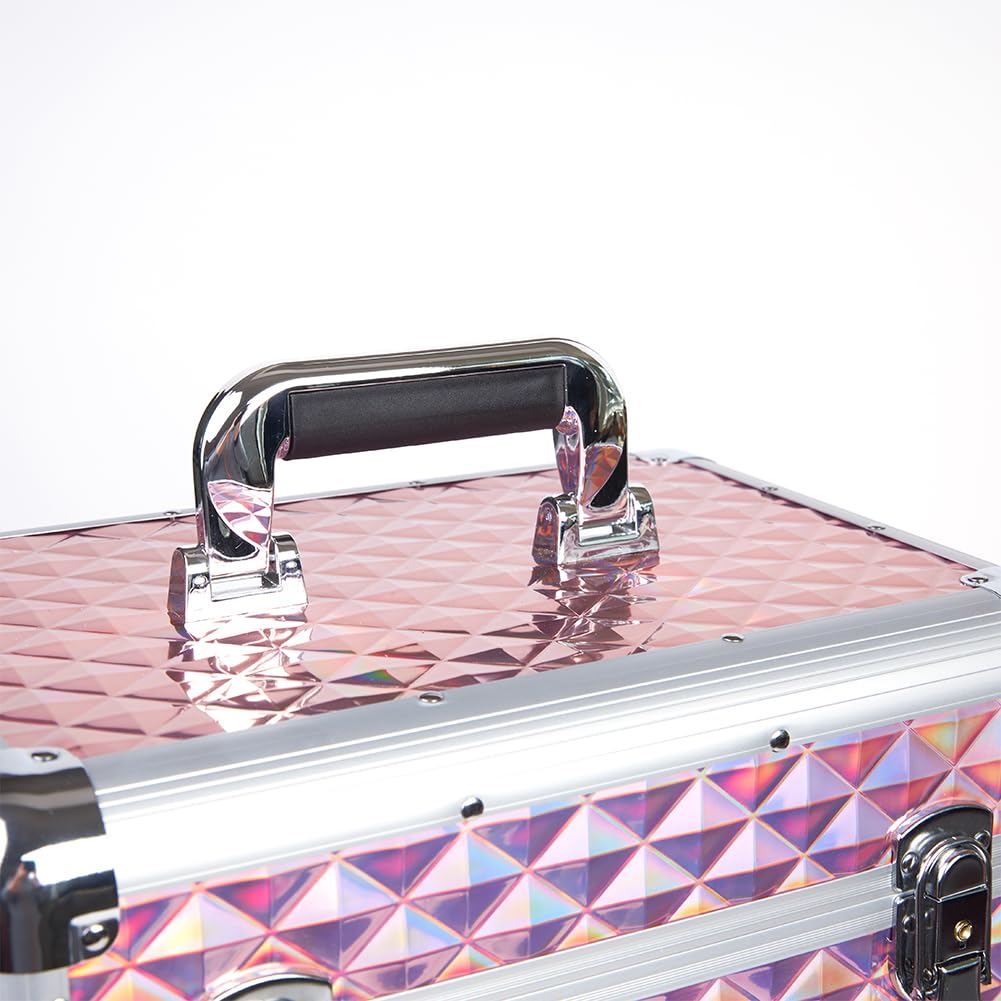 BAKAJI Trolley Make Up Professionale, Beauty Case Estetista Portatile, Valigia Porta Trucchi con Trama Oleografica a Triangolare e Ruote Staccabili, Valigetta Organizer Makeup Viaggio (Rosa)