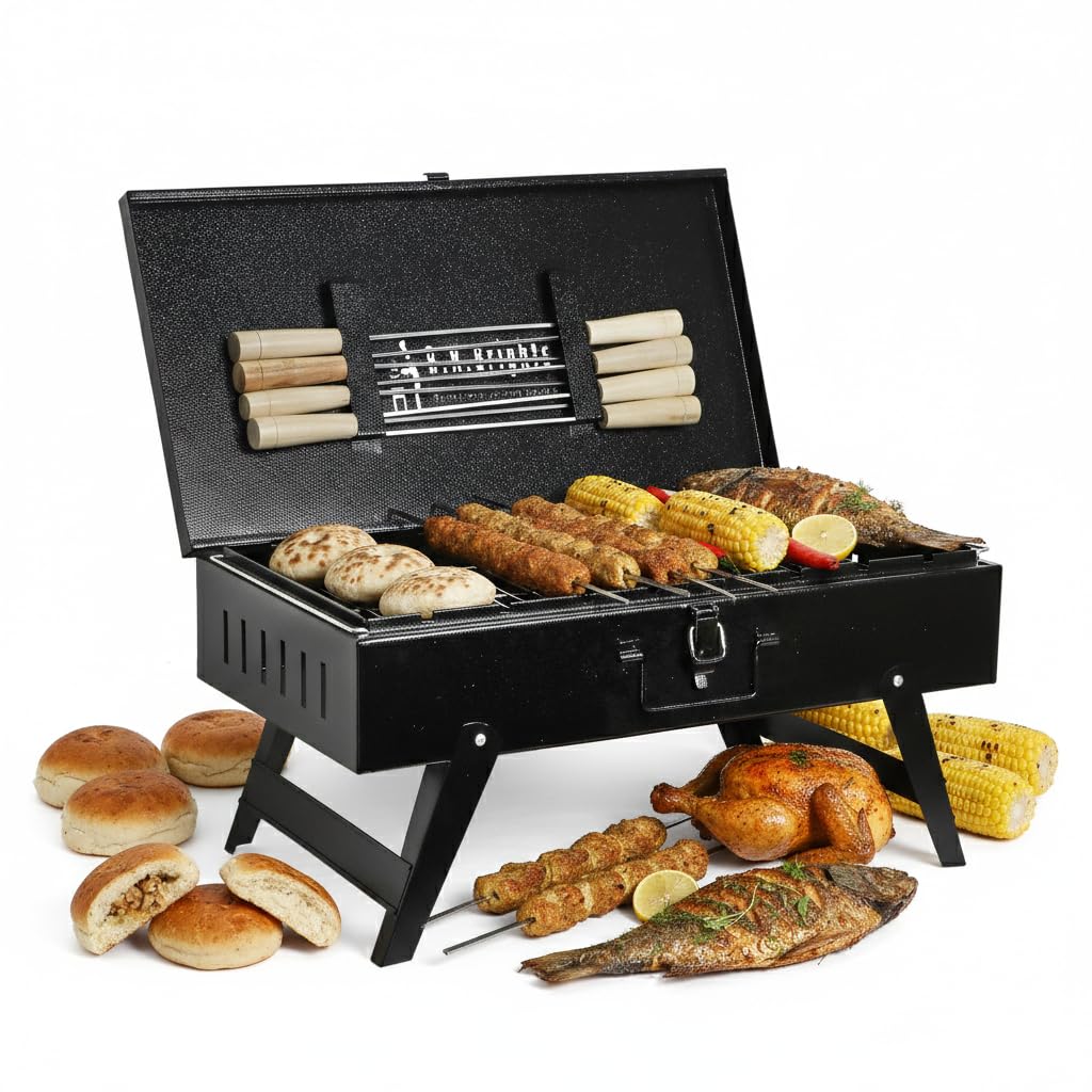 Big Size Heavy Weight Briefcase-Style Charcoal Barbeque Grill | Foldable Metal Grill Tandoor for Home & Outdoor | Portable BBQ for Picnic, Business & Restaurant