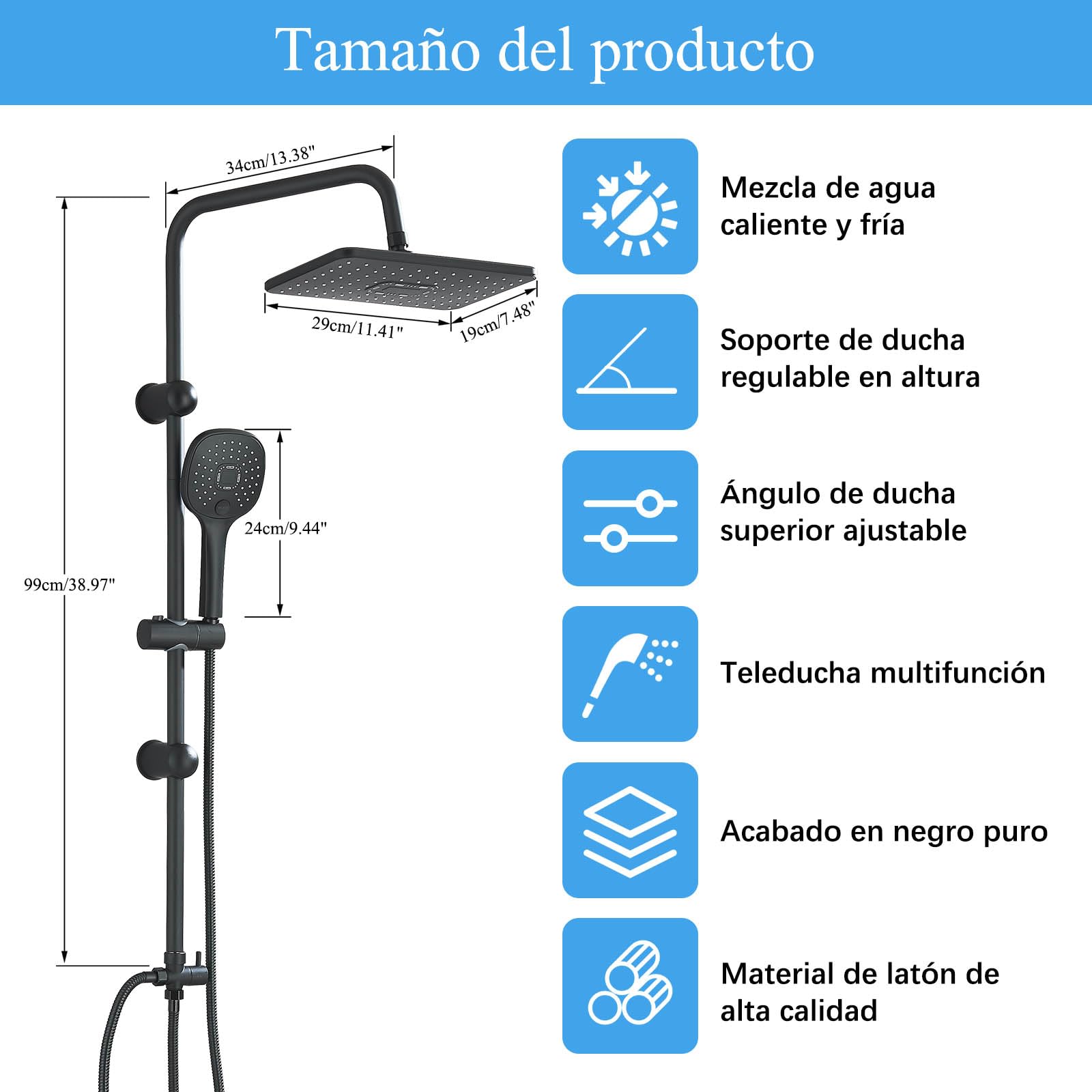 Colonna doccia fissa - Set doccia a pioggia rettangolare 29 x 19 cm nero - Kit completo con soffione a mano e pannello a pioggia - Acciaio inossidabile e ottone