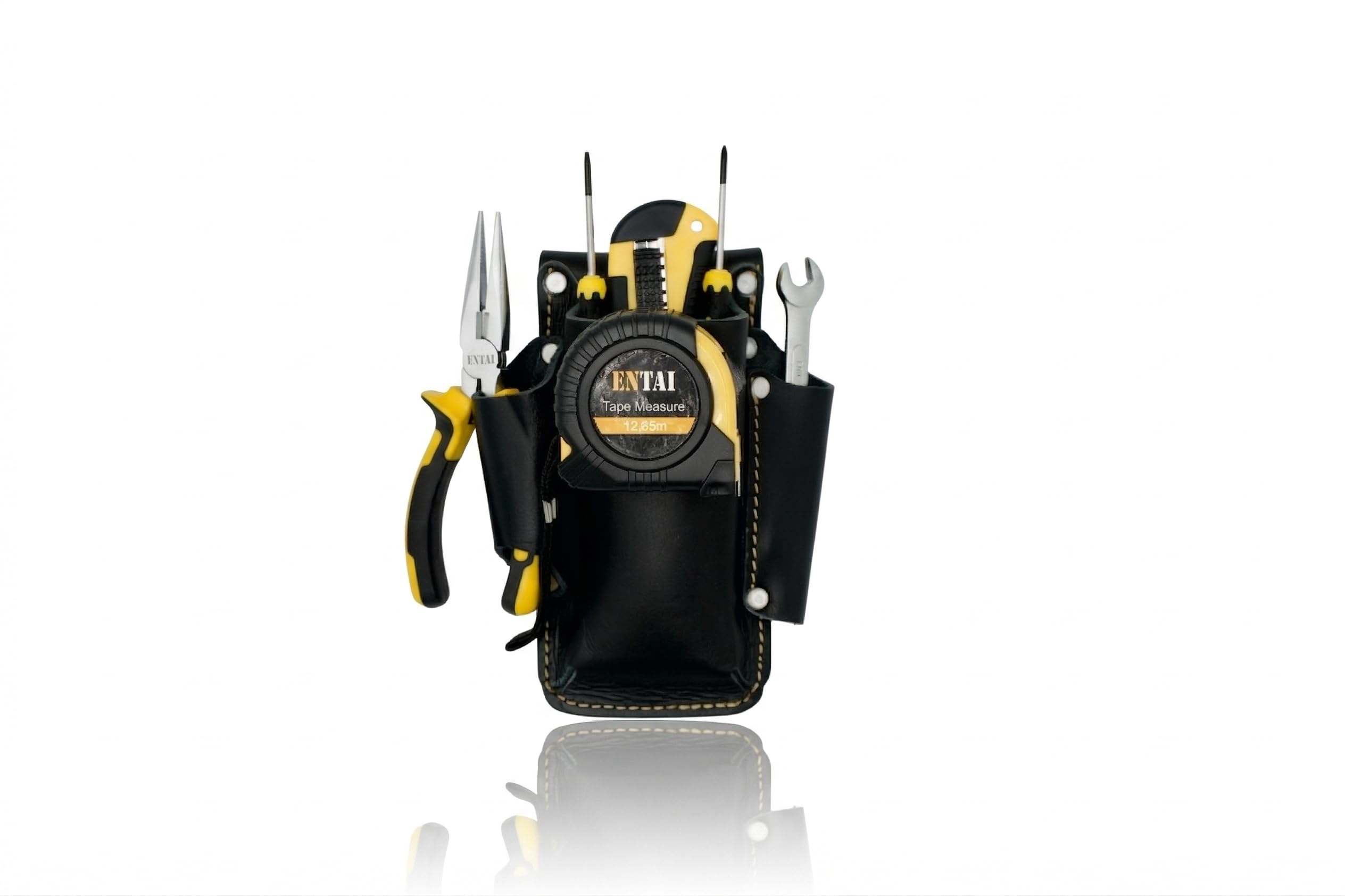 LAUTUS Piccola borsa porta attrezzi in pelle – 4 tasche in pelle resistente con grana superiore con clip per metro a nastro, custodia professionale per elettricisti e fai da te