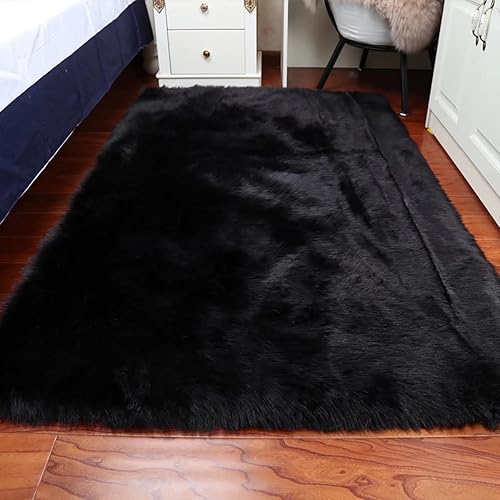Alfombra de piel de oveja sintética de lujo alfombra de área peluda para dormitorio mesita de noche piel de oveja sintética color negro 9 x 12 pies