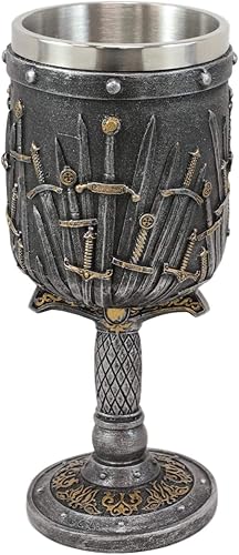 Ebros - Cáliz de copa de vino de acero medieval con escamas de dragón, mango de espada, mazmorras y dragones Elixir de la vida