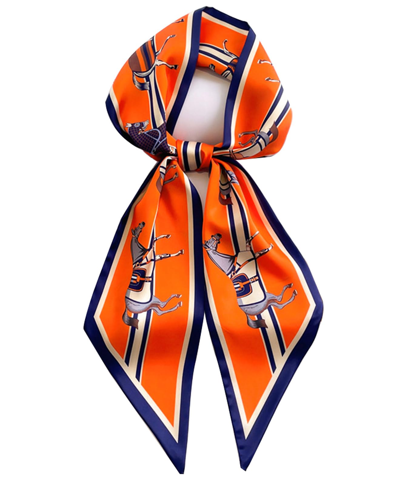 Clysoru Women's Orange Blue Horse Silk Neck Scarf Printed Scarves Head Fashion Oblique Angle Satin Scarfs For Bag Hair 59” X 5.9”, 59 * 5.9In