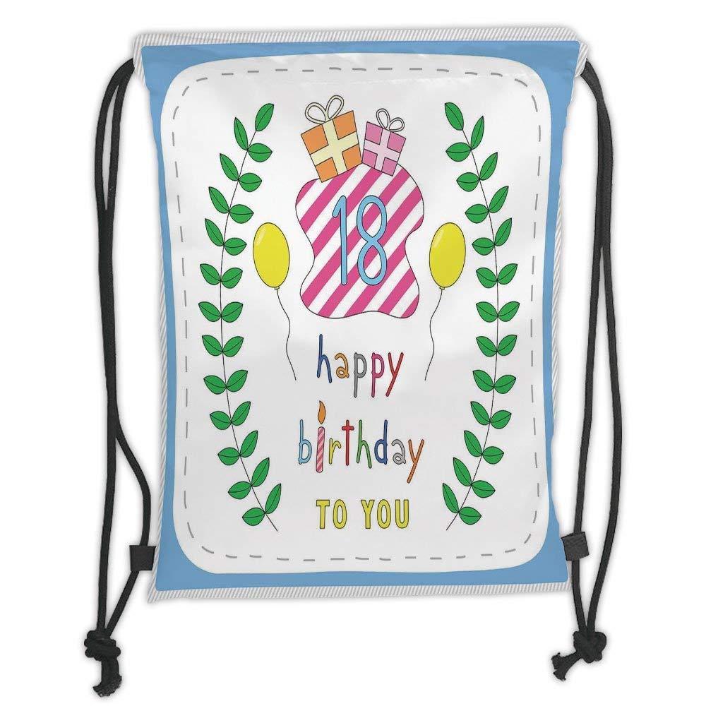 Custom Printed Drawstring Backpacks Bags,18th Birthday Decoration,Baby Blue Backdrop with Branches Balloons Boxes Party Image,Blue and White Soft Satin,5 Liter Capacity,Adjustable String Closure,