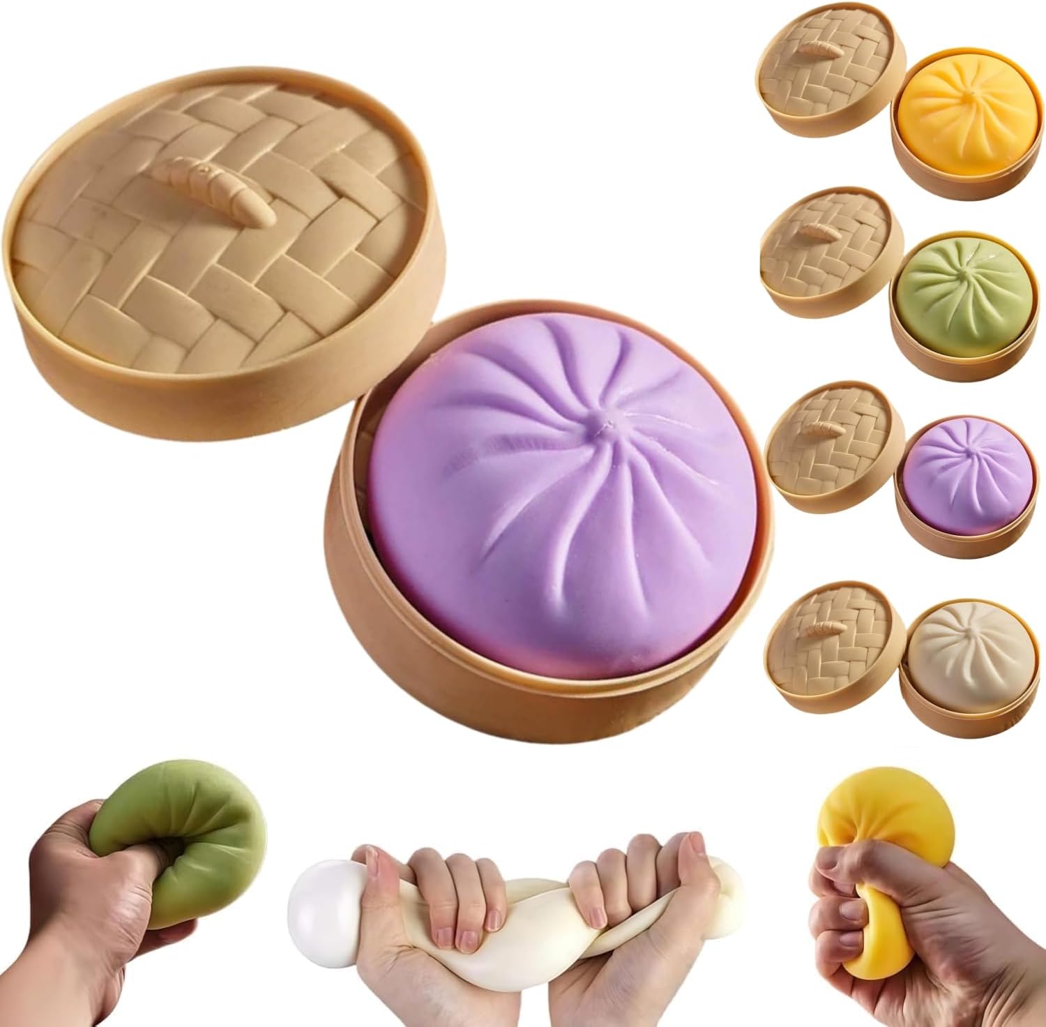 Giant Glitter Dumpling, Mega Rainbow Dumpling, 3.9 in Jumbo Dumplings Stress Relief Sensory Toy with Steamer Box, Slow-Rising Sensory Decompression Dumplings for Adults & Kids (Purple)