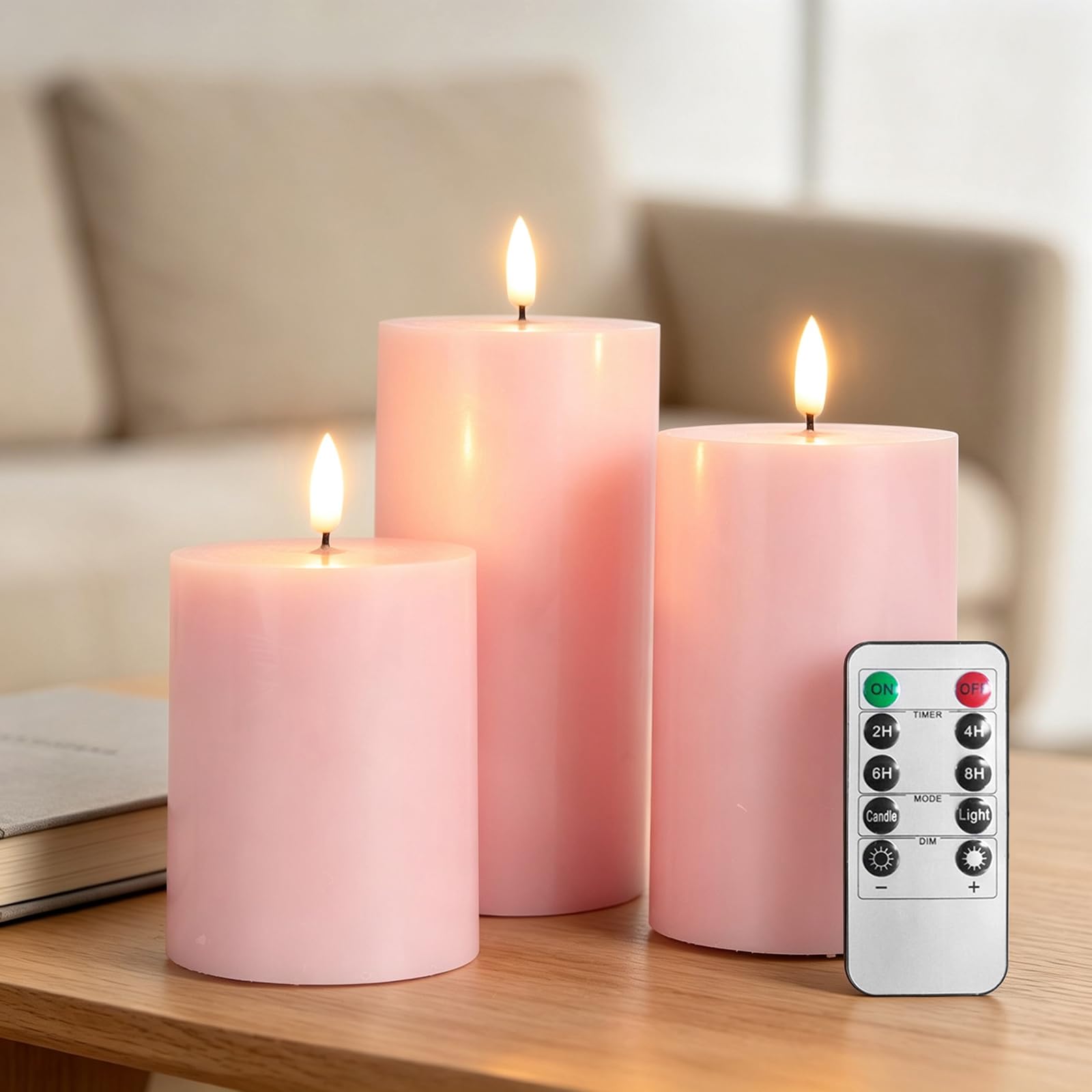 RosMank 3 Set LED Candles, Indoor & Outdoor Candles with 10-Key Remote Timer Control, Flameless, with Flickering Flame, Smooth Real Wax, Decoration for Christmas, Birthday, Wedding, Party, Pink
