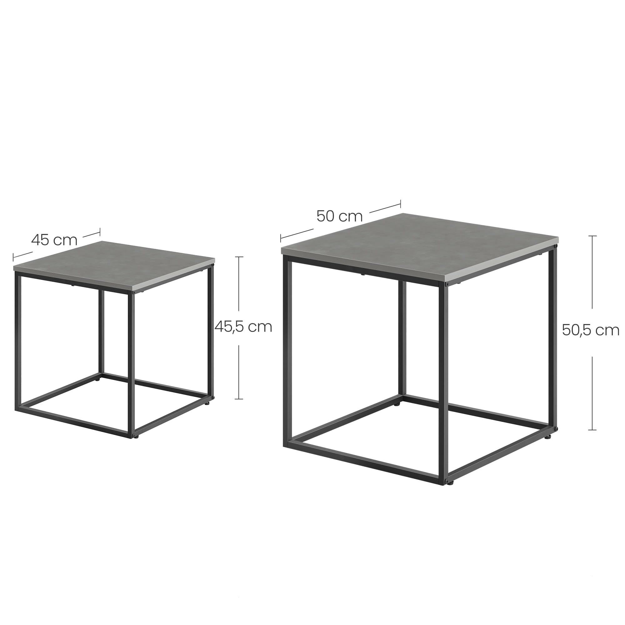 Home Collective Lot de 2 tables basses carrées Loft Design 2 en 1 - Surface résistante aux rayures - Salon - 50 cm et 45 cm de large - Gris ciment avec pieds noirs