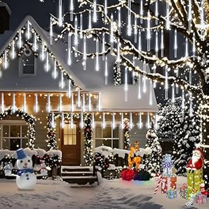 Christmas Lights Outdoor Meteor Shower Lights 8 Tubes 192LED UL Certified Snow Falling Rain Cascading Icicle Light for Xmas Tree Christmas Decorations Outdoor Wedding Party Window White