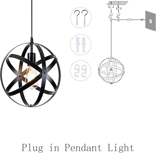 Miniatura 7 de Lámpara de araña de granja, lámpara colgante industrial con pantalla de globo, iluminación negra para comedor, isla de cocina, pasillo, comedor,