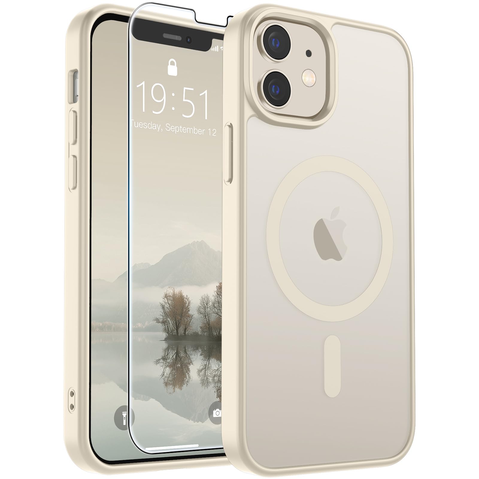 SUPFINE Magnetic for iPhone 12 Mini Case/iPhone 13 Mini Case Antique White | With Screen Protector, Translucent Matte, Compatible with MagSafe, Military Grade Drop Proof, Rugged Shockproof Protective