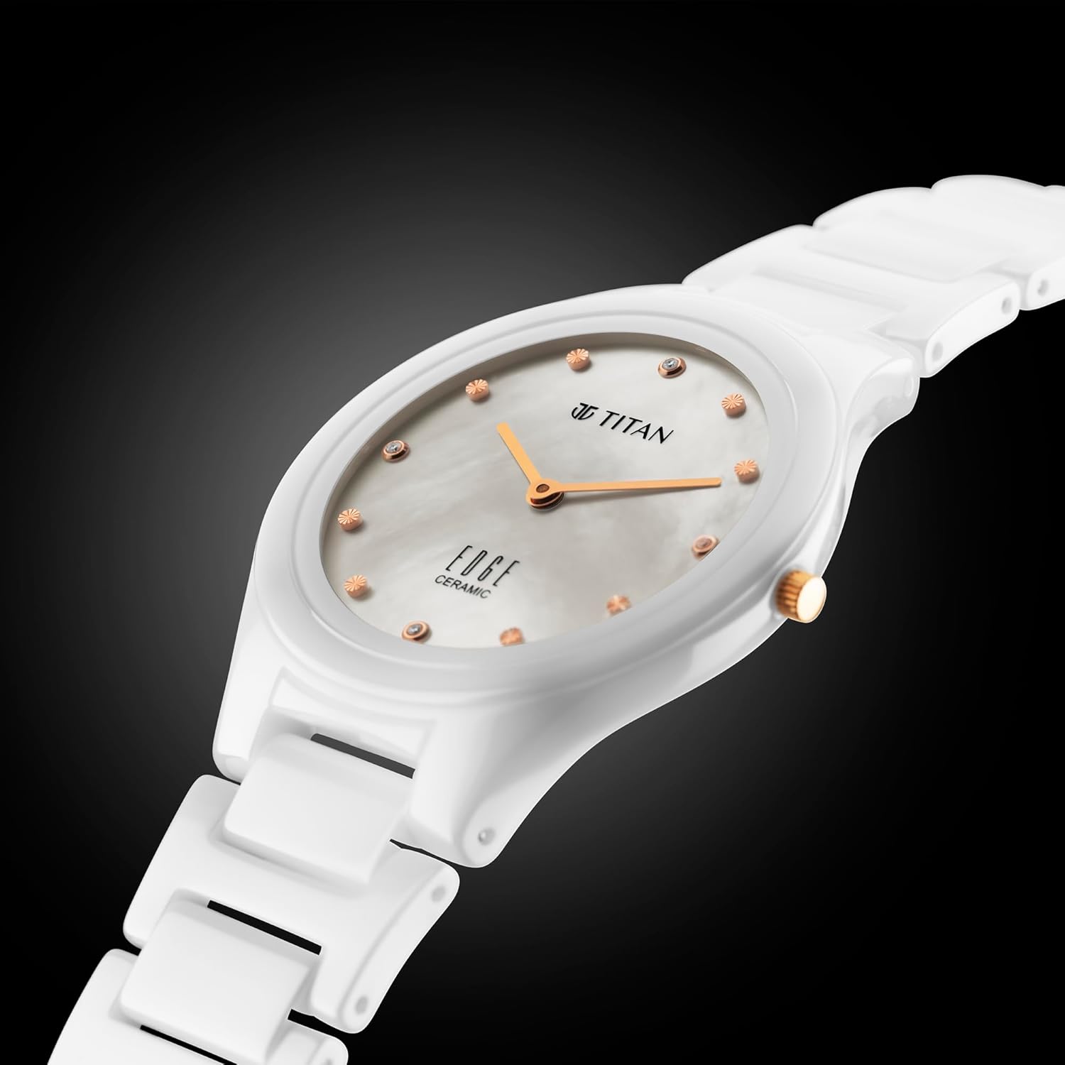 Edge Titan Ceramic Dress with Diamonds Quartz Analog Ceramic Strap Watch for Women, White, Modern
