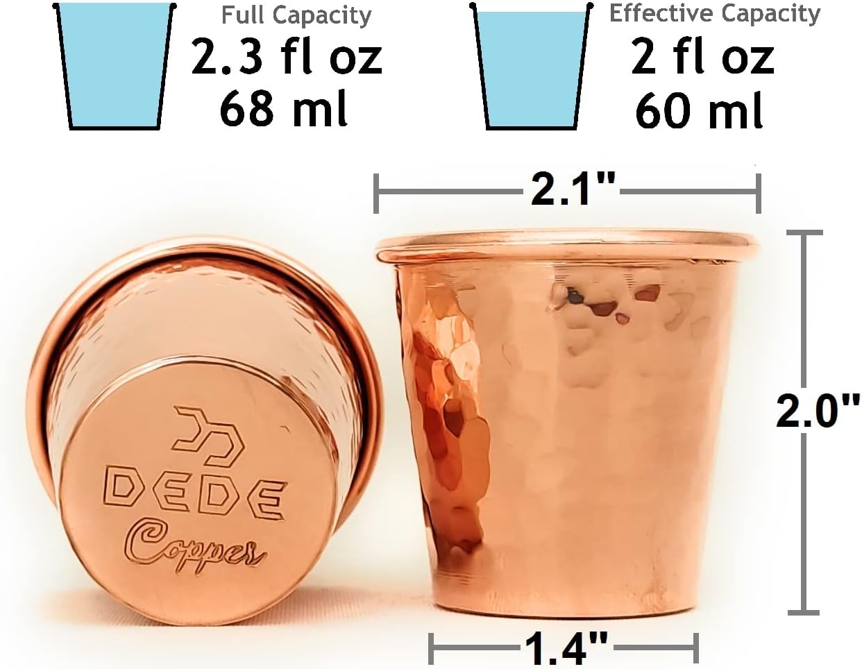 DEDE Copper - 2023 CC Series 2 oz (Set of 2) Tequila/Vodka Shot Glasses, Mini Moscow Mule Cup, Handmade Unlined Uncoated Thickest Pure Solid Copper mini Tumblers for Cocktails (Hammered)