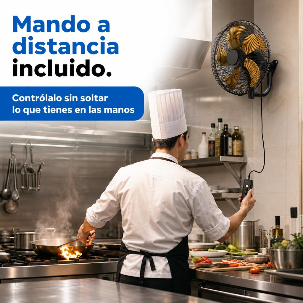 Ventilador de Pared Industrial 152 W, 5 Aspas, 3 Velocidades, Negro/Oro