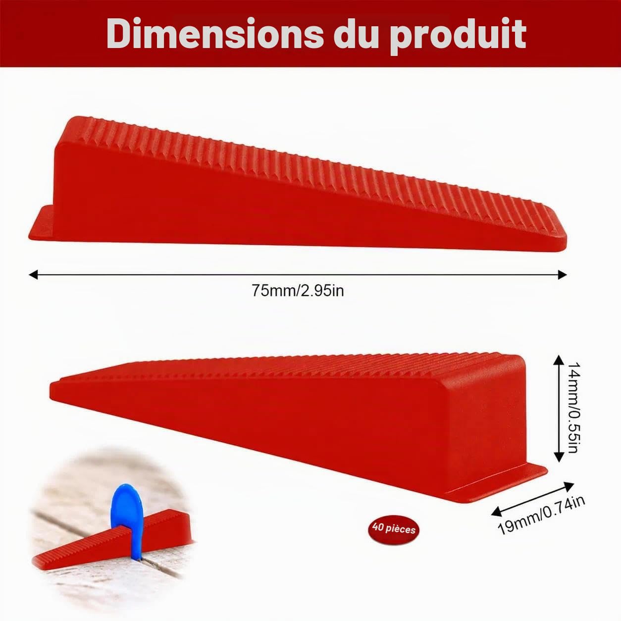 Cale Carrelage 40 Pièces, Croisillon Autonivelant Rouge | Plastique PP, 40 cales rouges 85x21x16mm, réutilisables, pour nivellement de carrelage, sol, mur et DIY