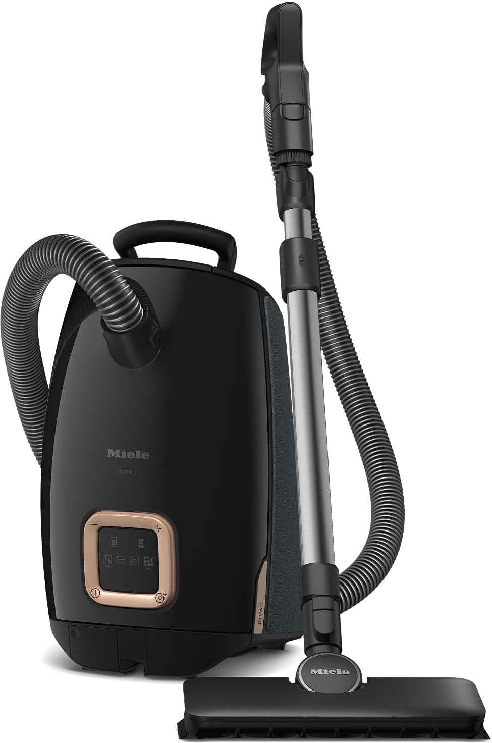 Miele New Guard L1 AllFloor Bagged Canister Vacuum Cleaner with AirClean Plus Filter, AllTeQ Universal Floorhead, and AllFloor Floorbrush, LED Display Panel, in Obsidian Black/Rose Gold Miele Guard L1 Obsidian Black/Rose Gold - Image 1 of 11