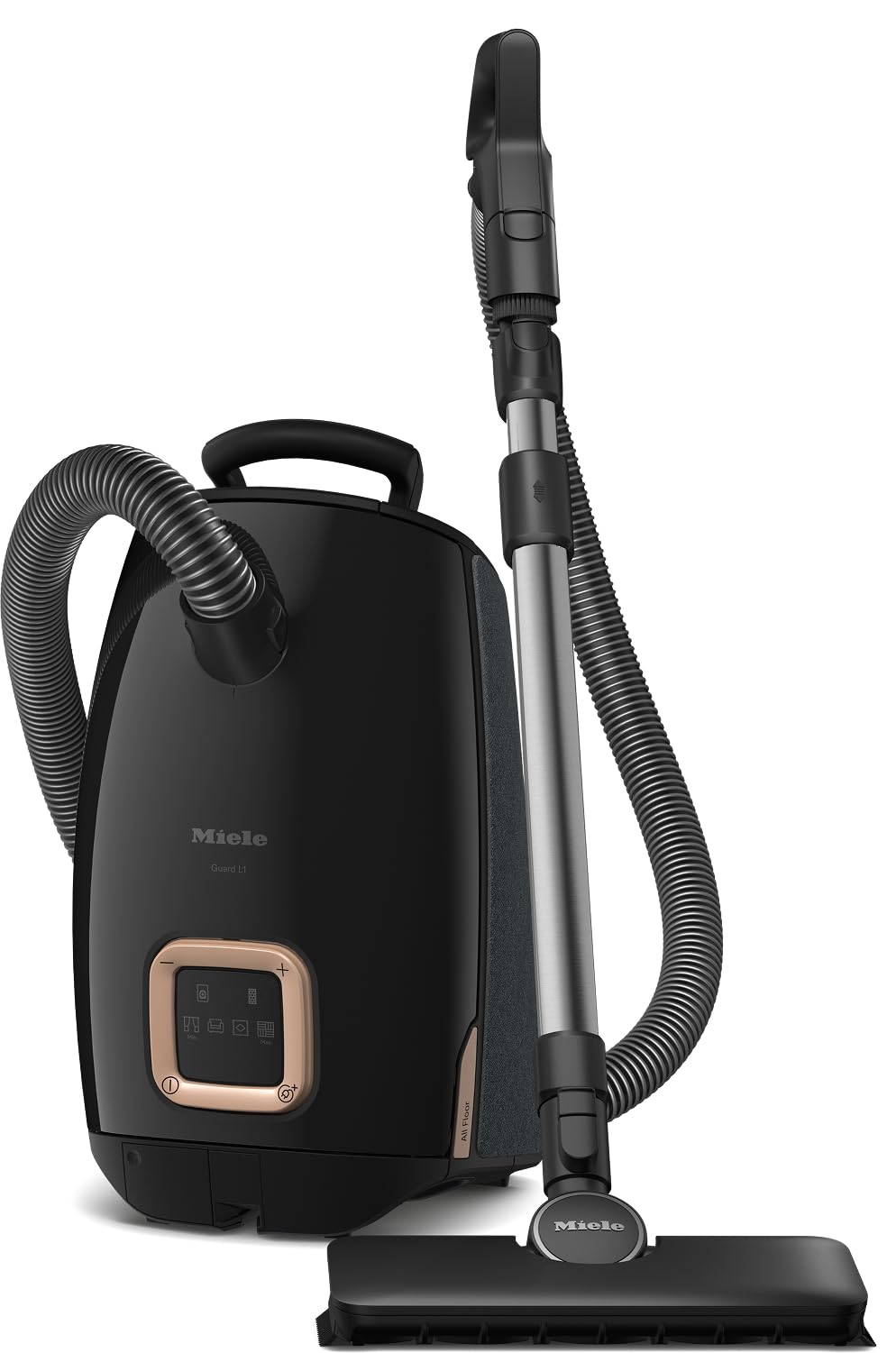 Miele New Guard L1 AllFloor Bagged Canister Vacuum Cleaner with AirClean Plus Filter, AllTeQ Universal Floorhead, and AllFloor Floorbrush, LED Display Panel, in Obsidian Black/Rose Gold